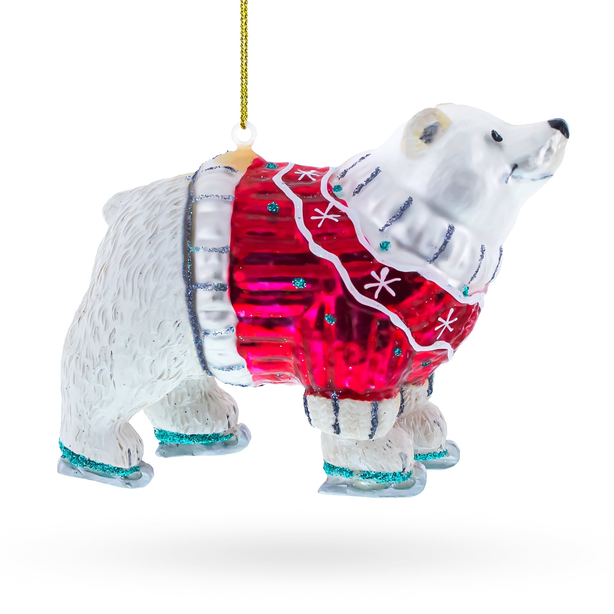 Cozy Polar Bear Wearing A Festive Sweater - Blown Glass Christmas Ornament