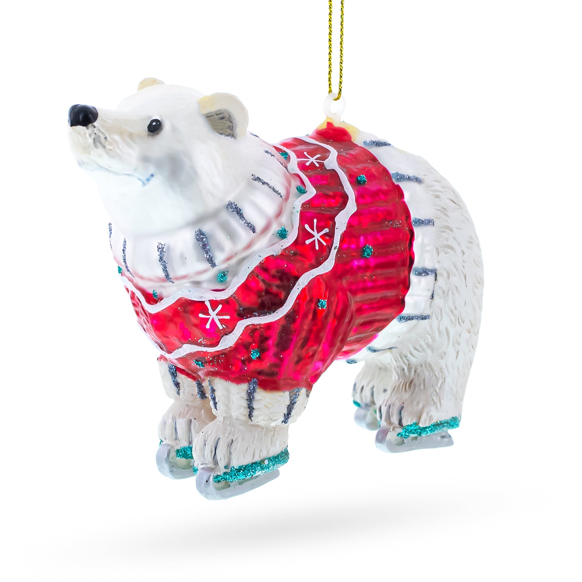 Cozy Polar Bear Wearing A Festive Sweater - Blown Glass Christmas Ornament