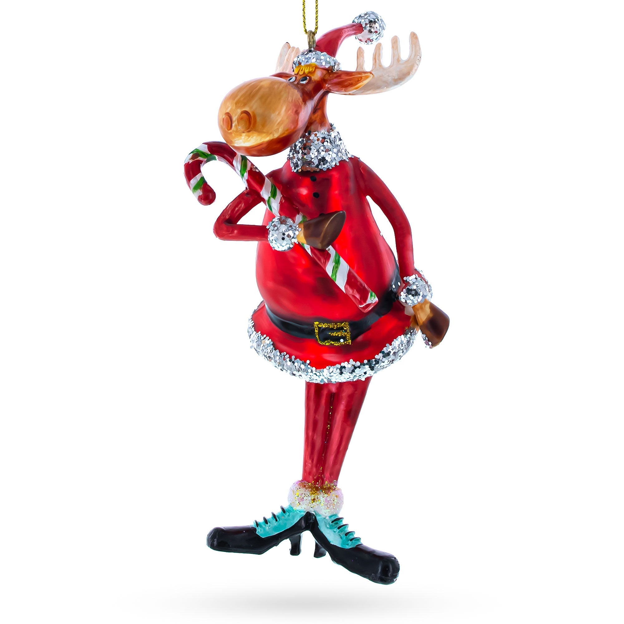 Cheerful Chubby Moose With Candy Cane - Jolly Blown Glass Christmas Ornament