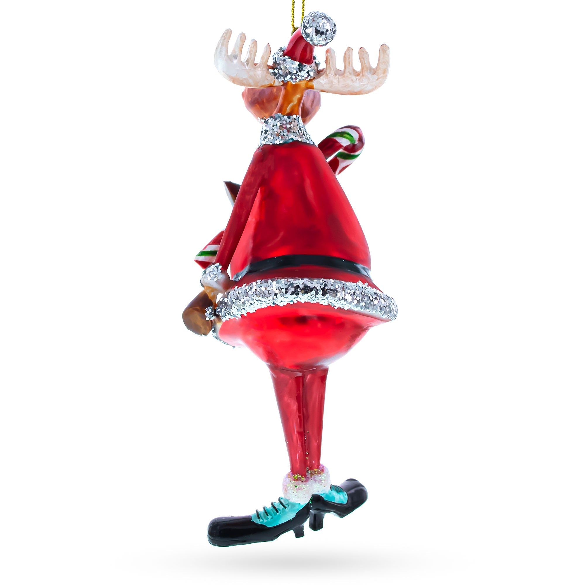 Cheerful Chubby Moose With Candy Cane - Jolly Blown Glass Christmas Ornament