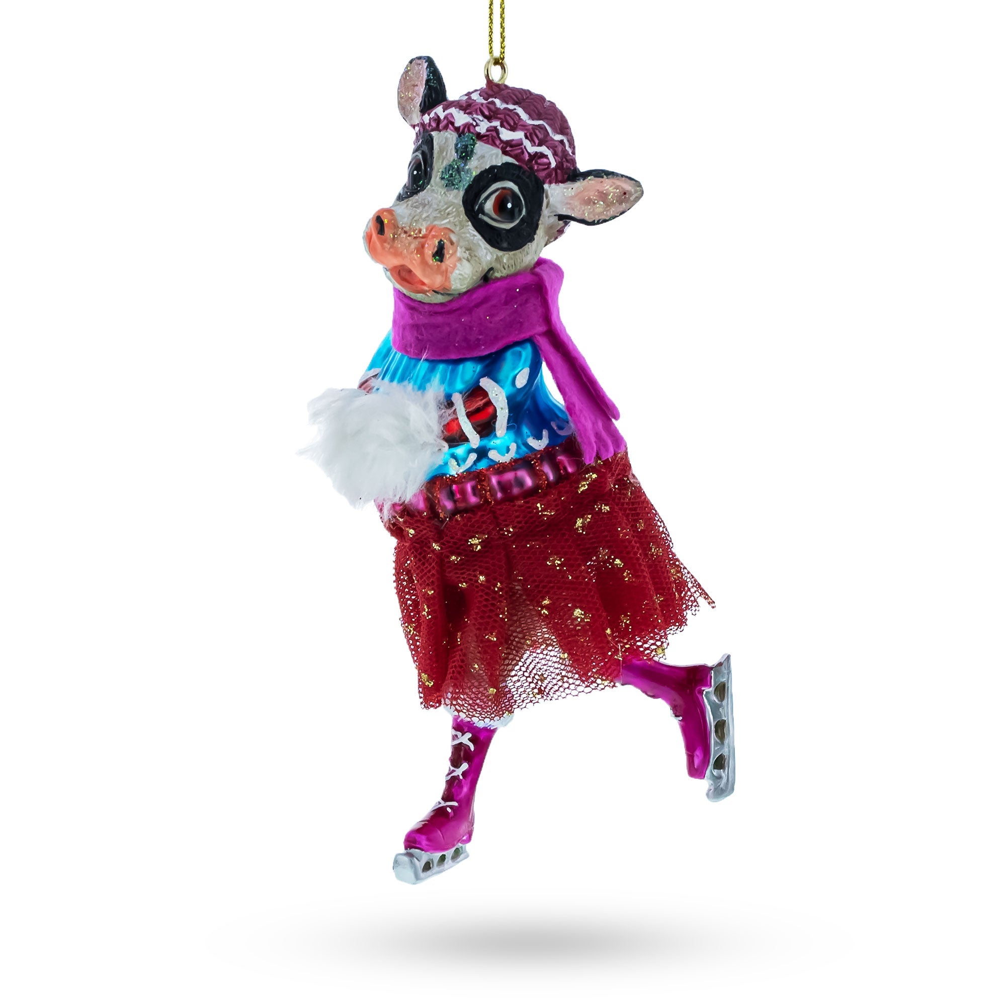 Graceful Cow Ice Skating In Winter Wonderland - Blown Glass Christmas Ornament