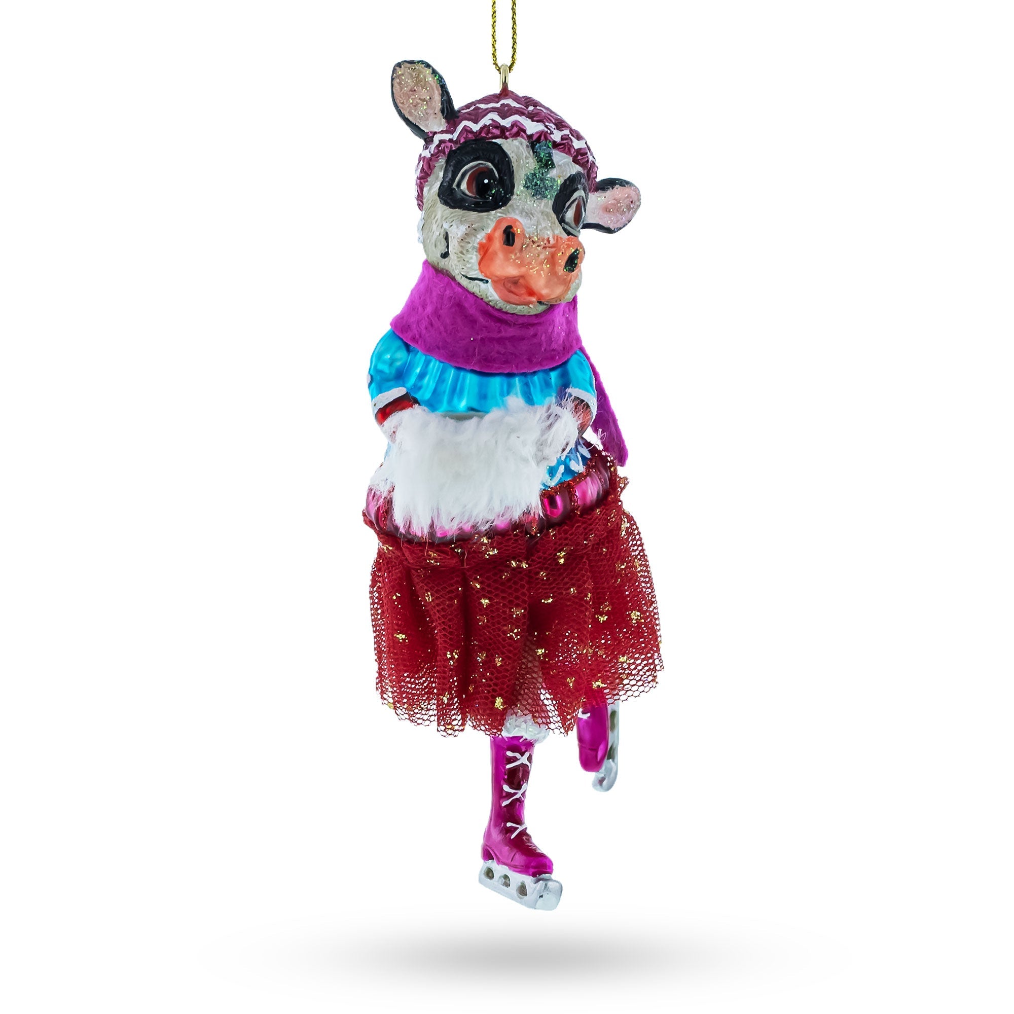 Graceful Cow Ice Skating In Winter Wonderland - Blown Glass Christmas Ornament