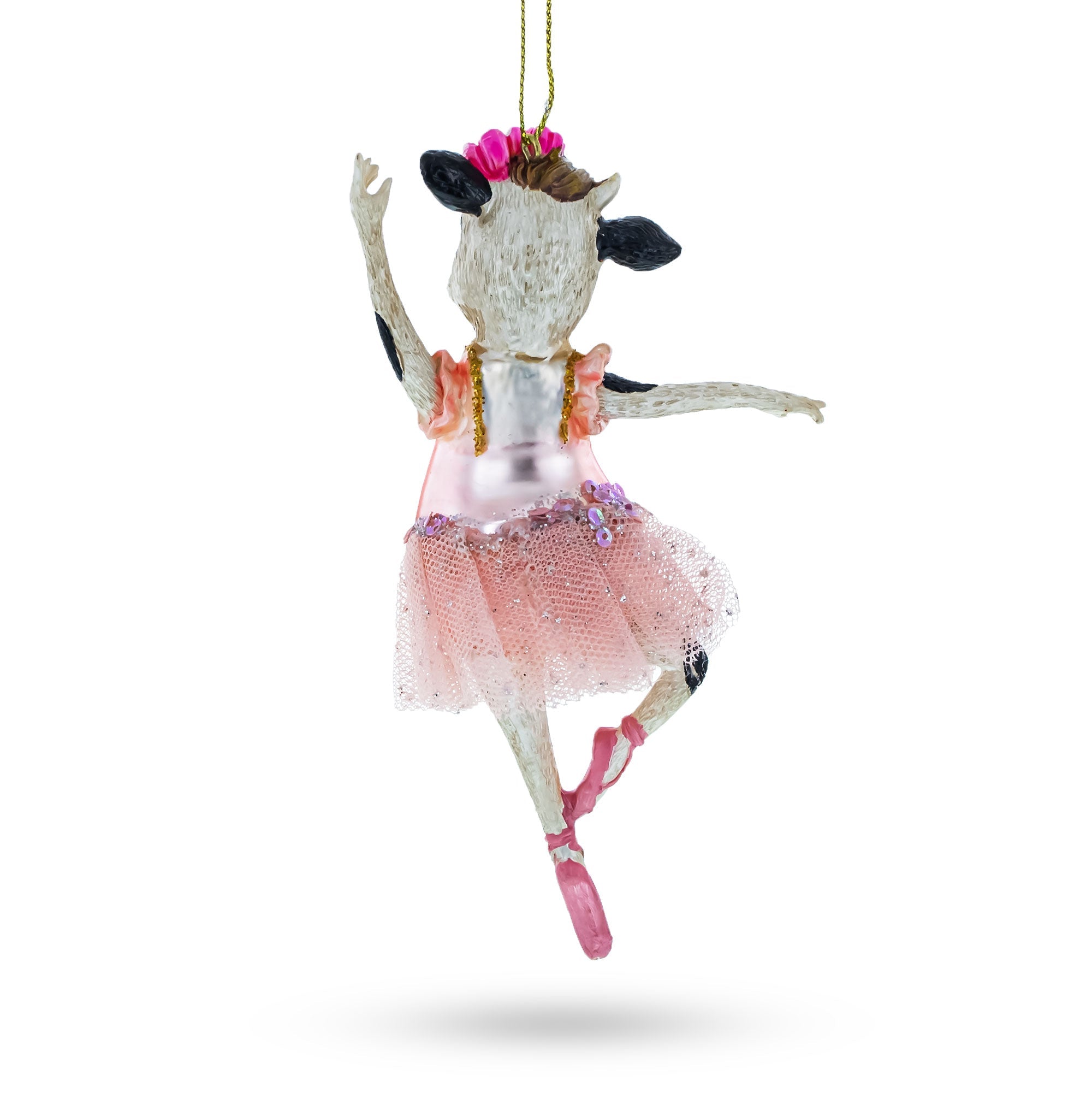 Enchanting Ballerina Cow In Tutu Dancing - Blown Glass Christmas Ornament