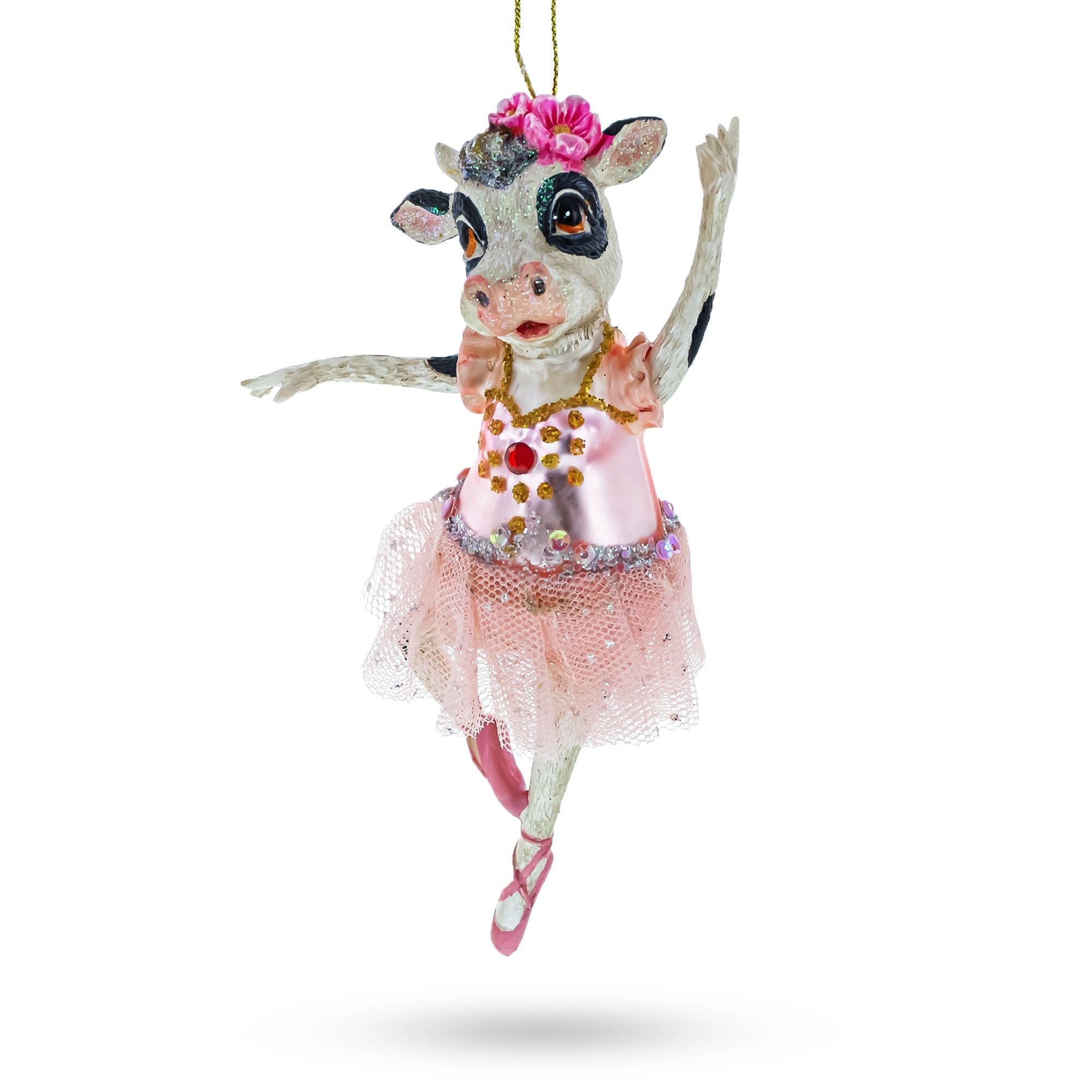 Enchanting Ballerina Cow In Tutu Dancing - Blown Glass Christmas Ornament