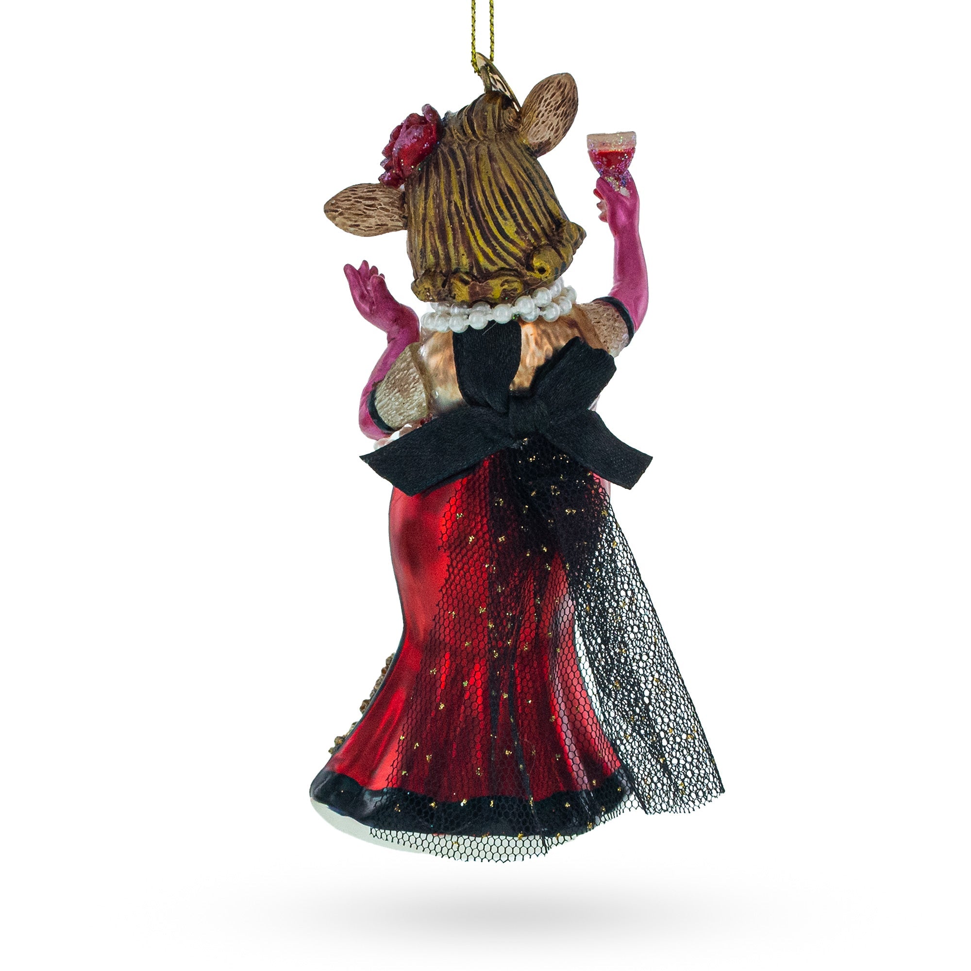 Elegant Cow Sipping Red Wine - Blown Glass Christmas Ornament