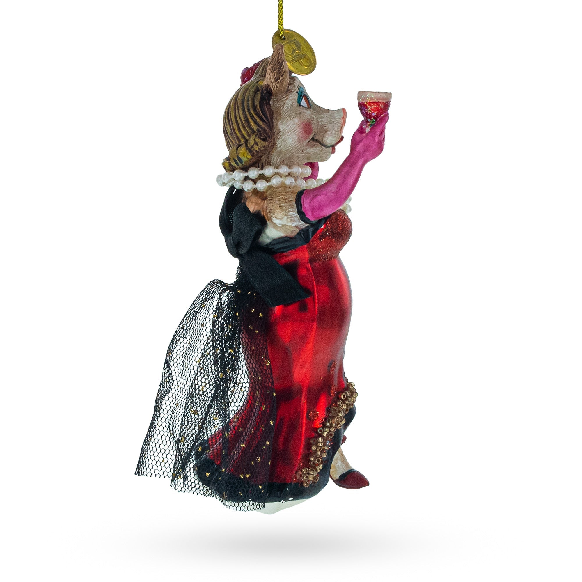 Elegant Cow Sipping Red Wine - Blown Glass Christmas Ornament