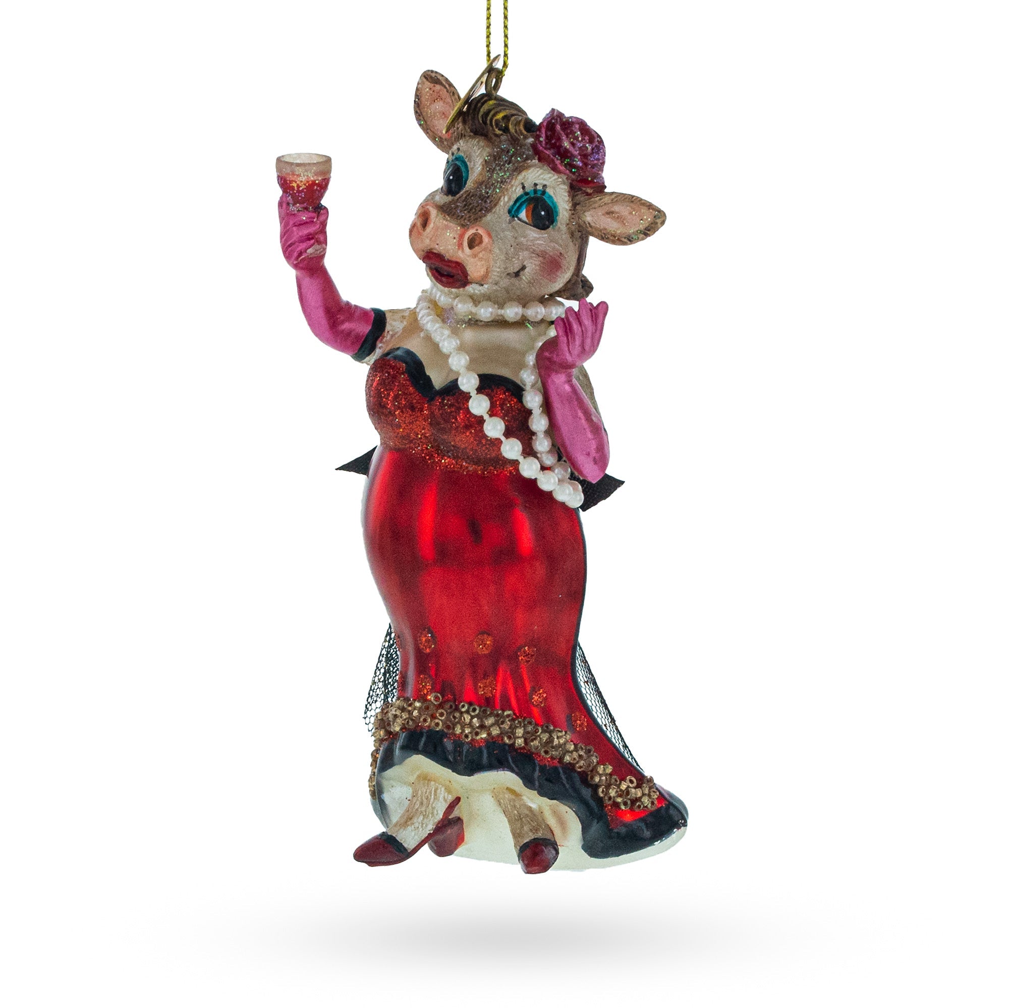 Elegant Cow Sipping Red Wine - Blown Glass Christmas Ornament