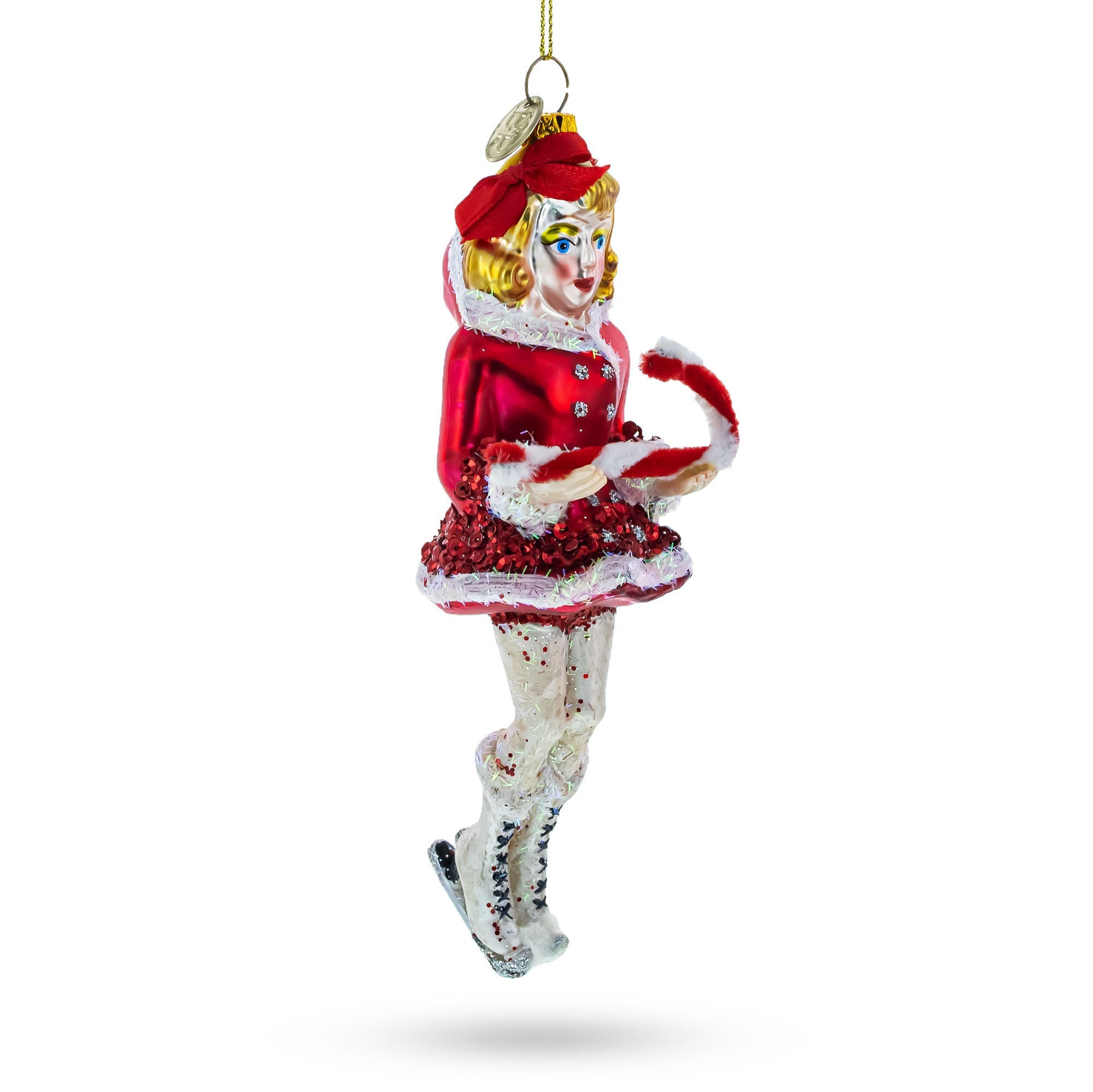 Twirling Ice Skater: Girl With Candy Cane - Blown Glass Christmas Ornament