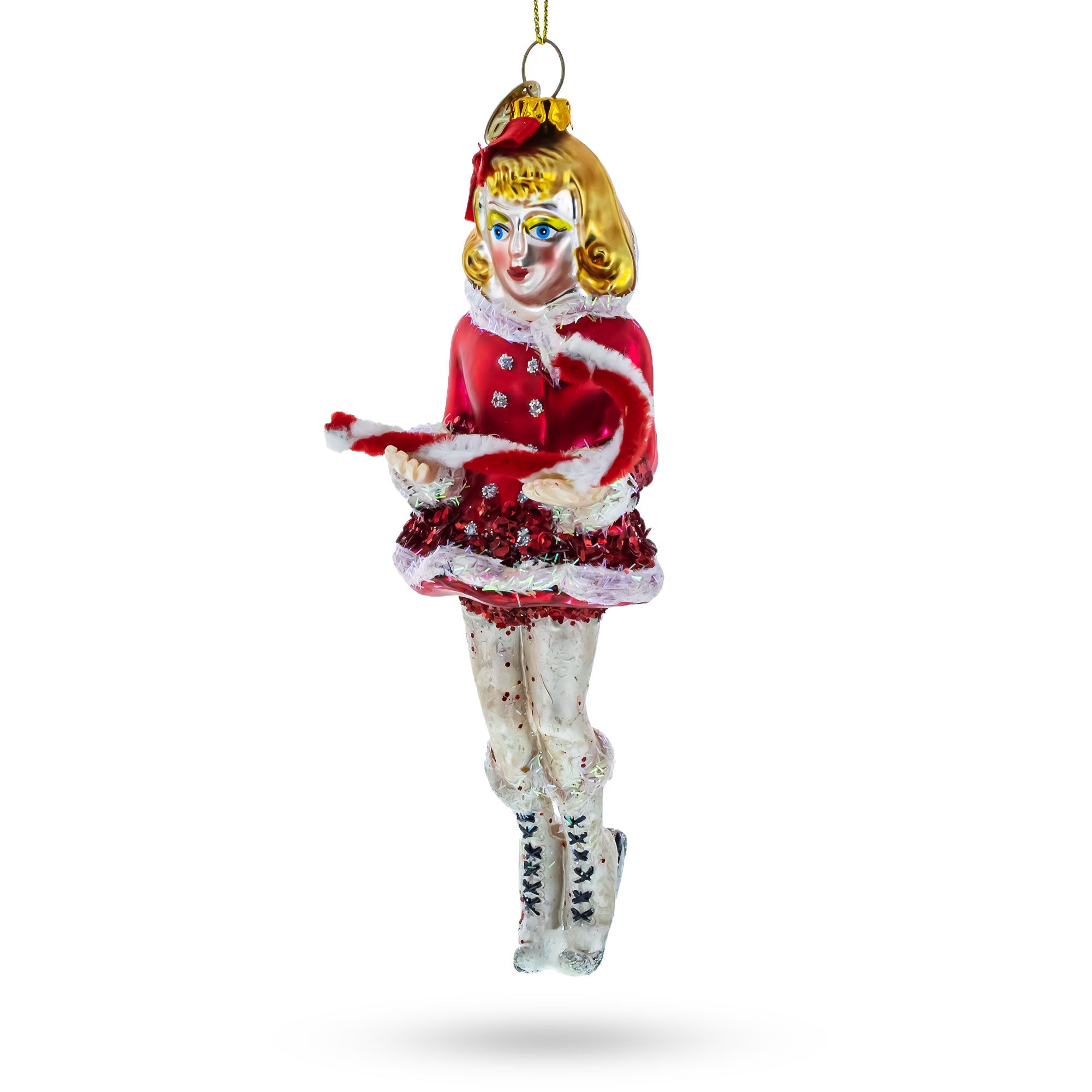 Twirling Ice Skater: Girl With Candy Cane - Blown Glass Christmas Ornament