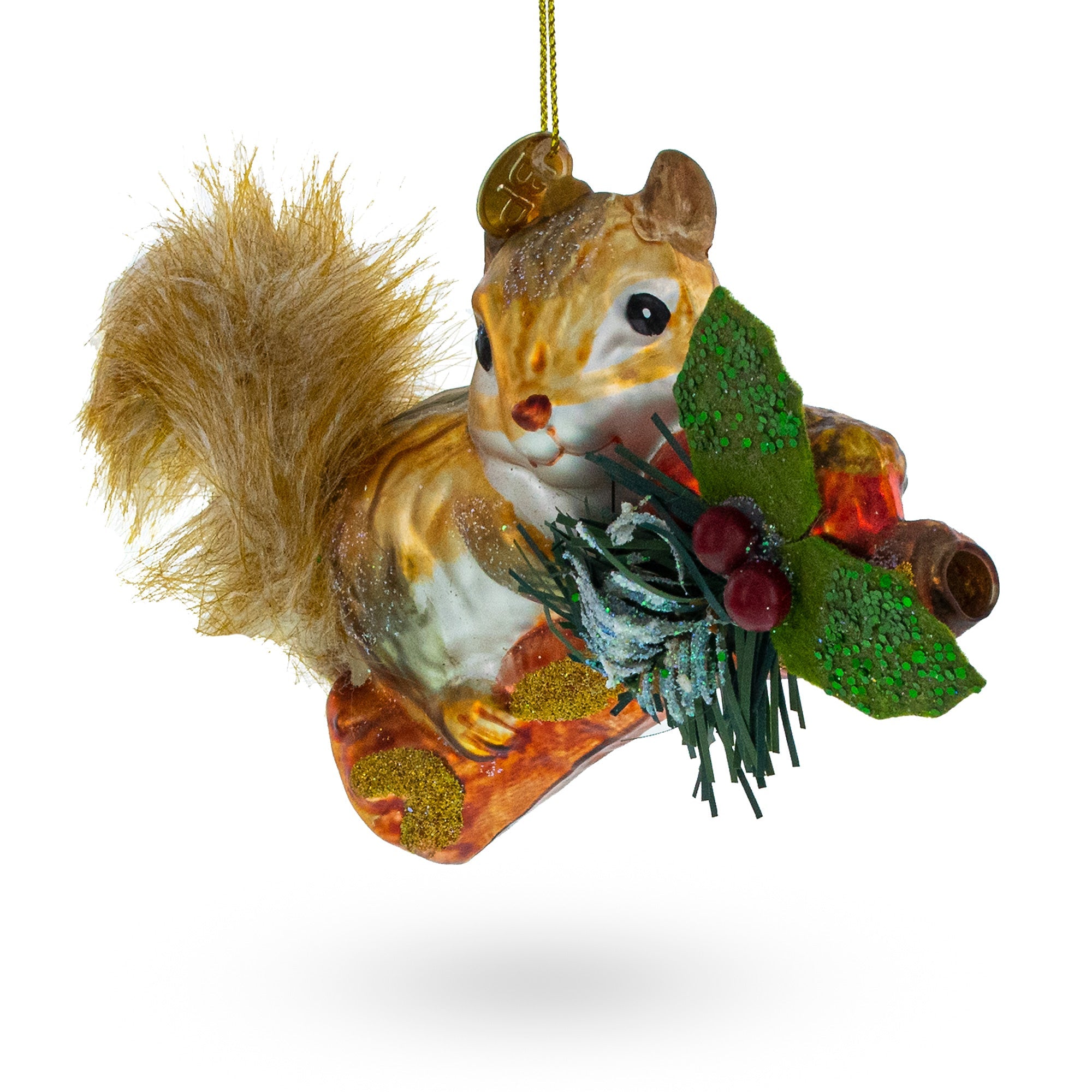 Cheerful Squirrel On A Blossoming Branch - Blown Glass Christmas Ornament