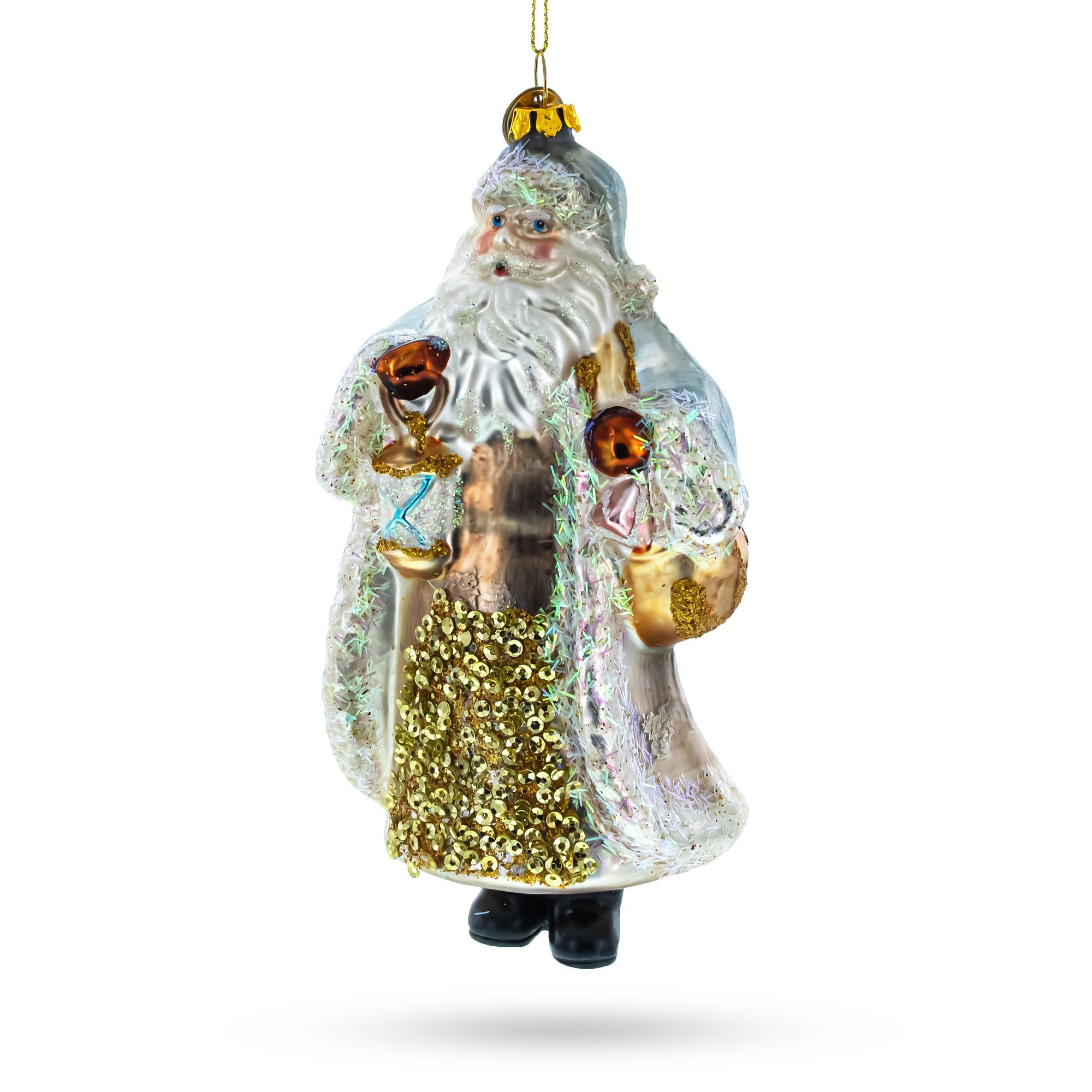 Enchanting Glittered Santa Holding A Magical Lantern - Blown Glass Christmas Ornament