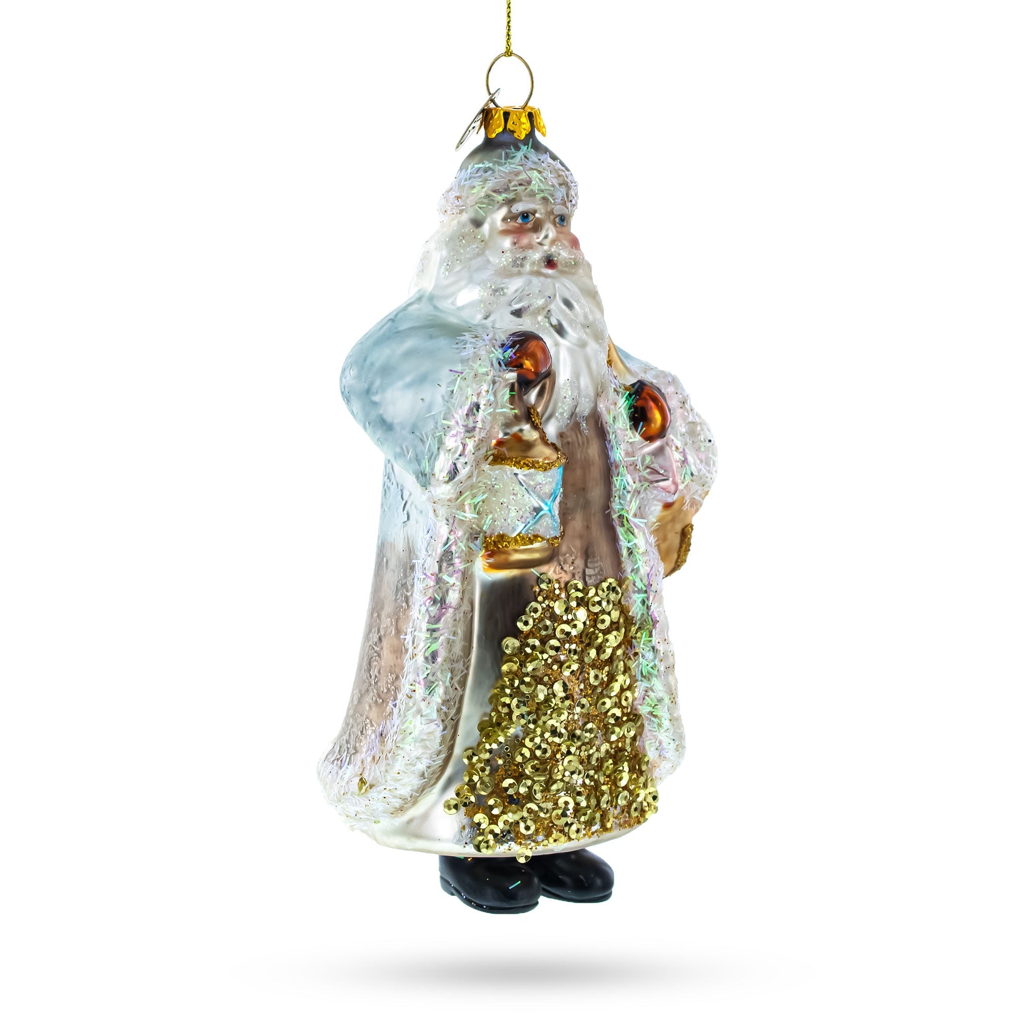 Enchanting Glittered Santa Holding A Magical Lantern - Blown Glass Christmas Ornament