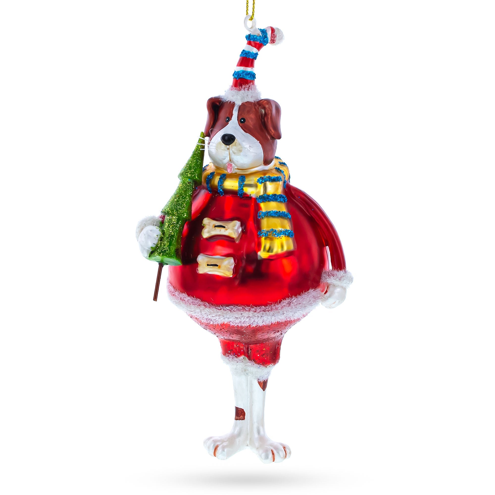 Adorable Dog In Fur Hat Holding Christmas Tree - Vibrant Blown Glass Ornament