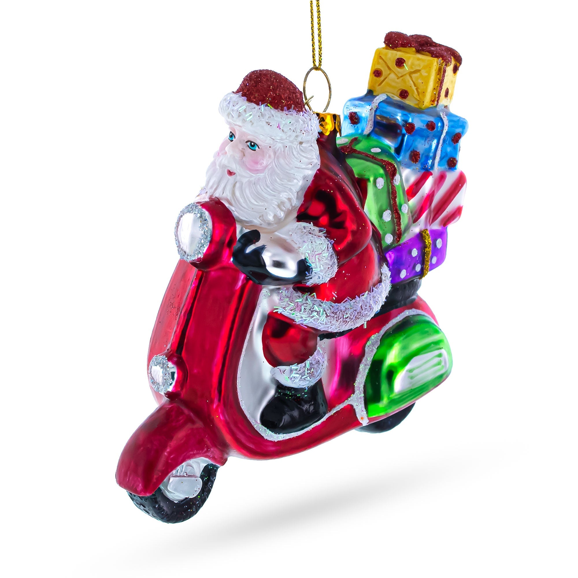 Santa Whizzing By On A Scooter With A Sack Of Gifts - Blown Glass Christmas Ornament