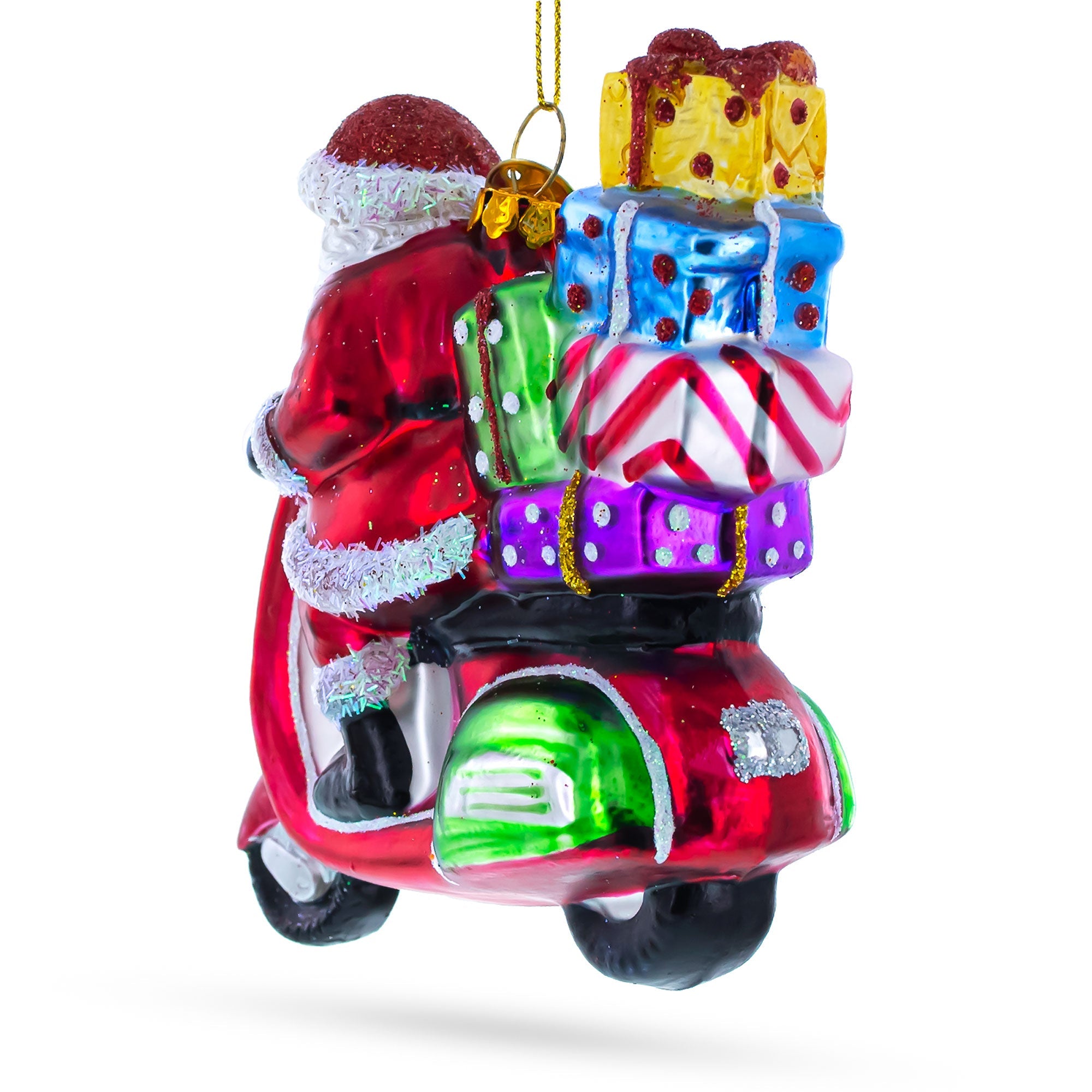 Santa Whizzing By On A Scooter With A Sack Of Gifts - Blown Glass Christmas Ornament