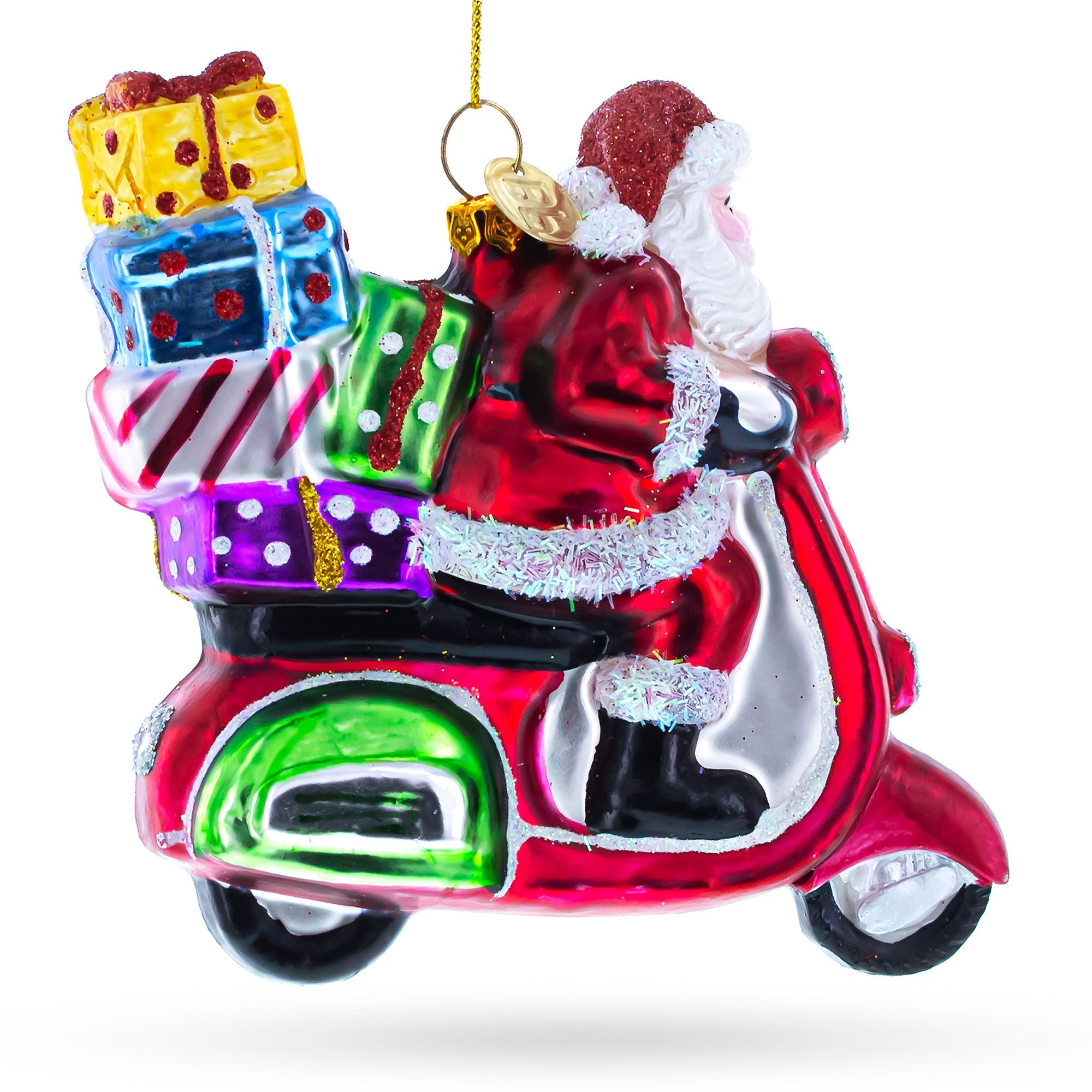 Santa Whizzing By On A Scooter With A Sack Of Gifts - Blown Glass Christmas Ornament