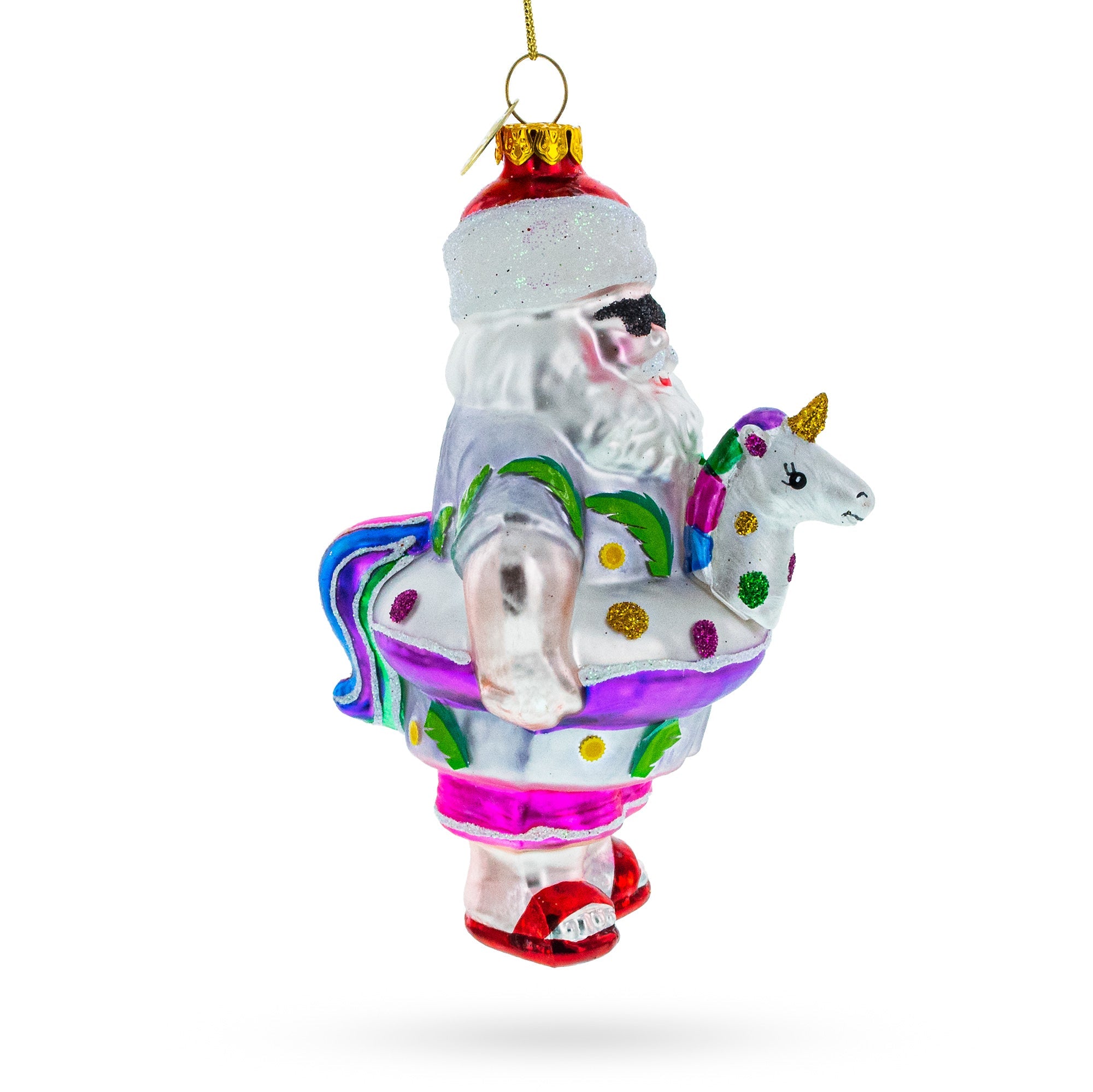 Santa Lounging In A Unicorn Floatie - Blown Glass Christmas Ornament