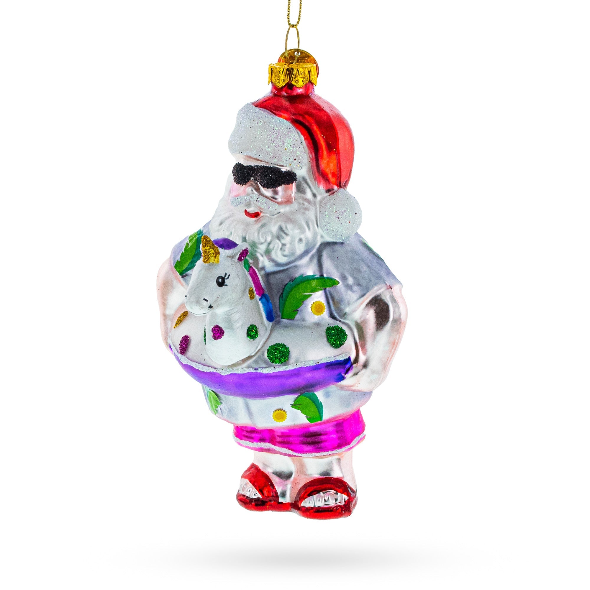 Santa Lounging In A Unicorn Floatie - Blown Glass Christmas Ornament