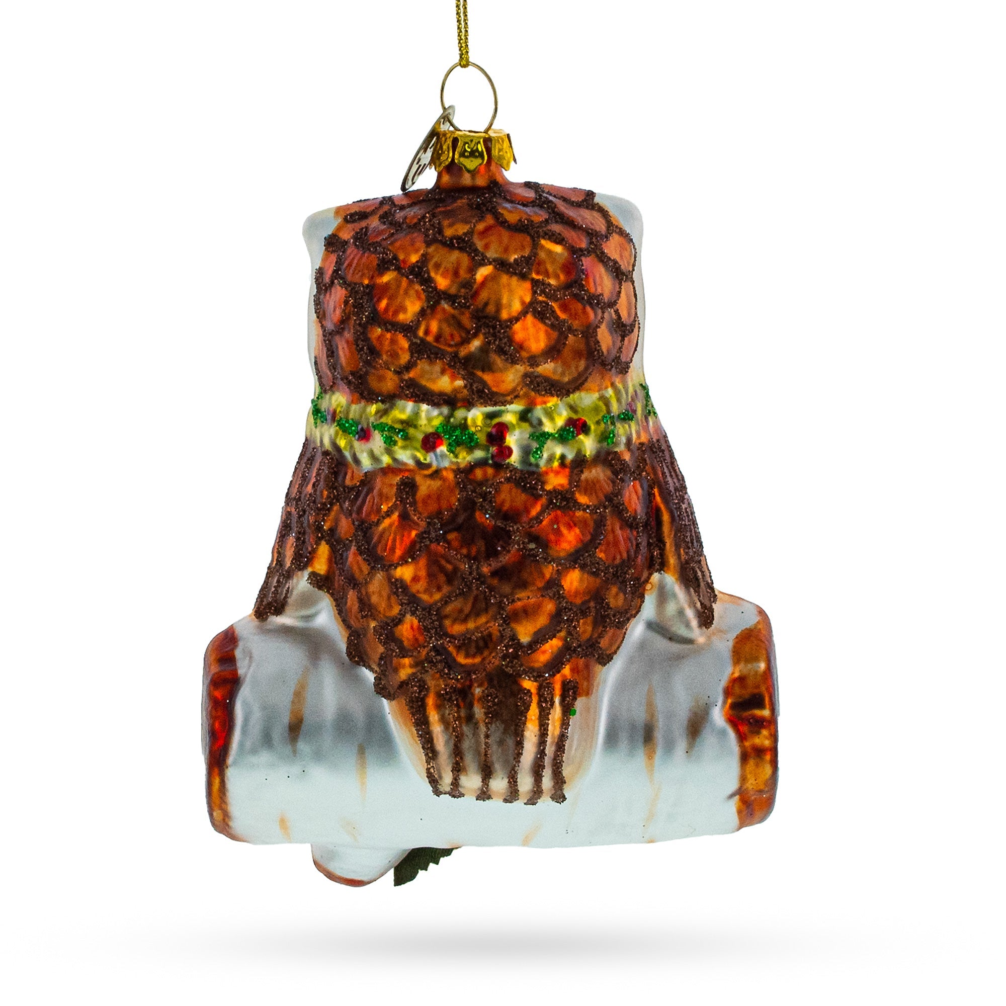 Wise Owl Perched On Branch - Blown Glass Christmas Ornament