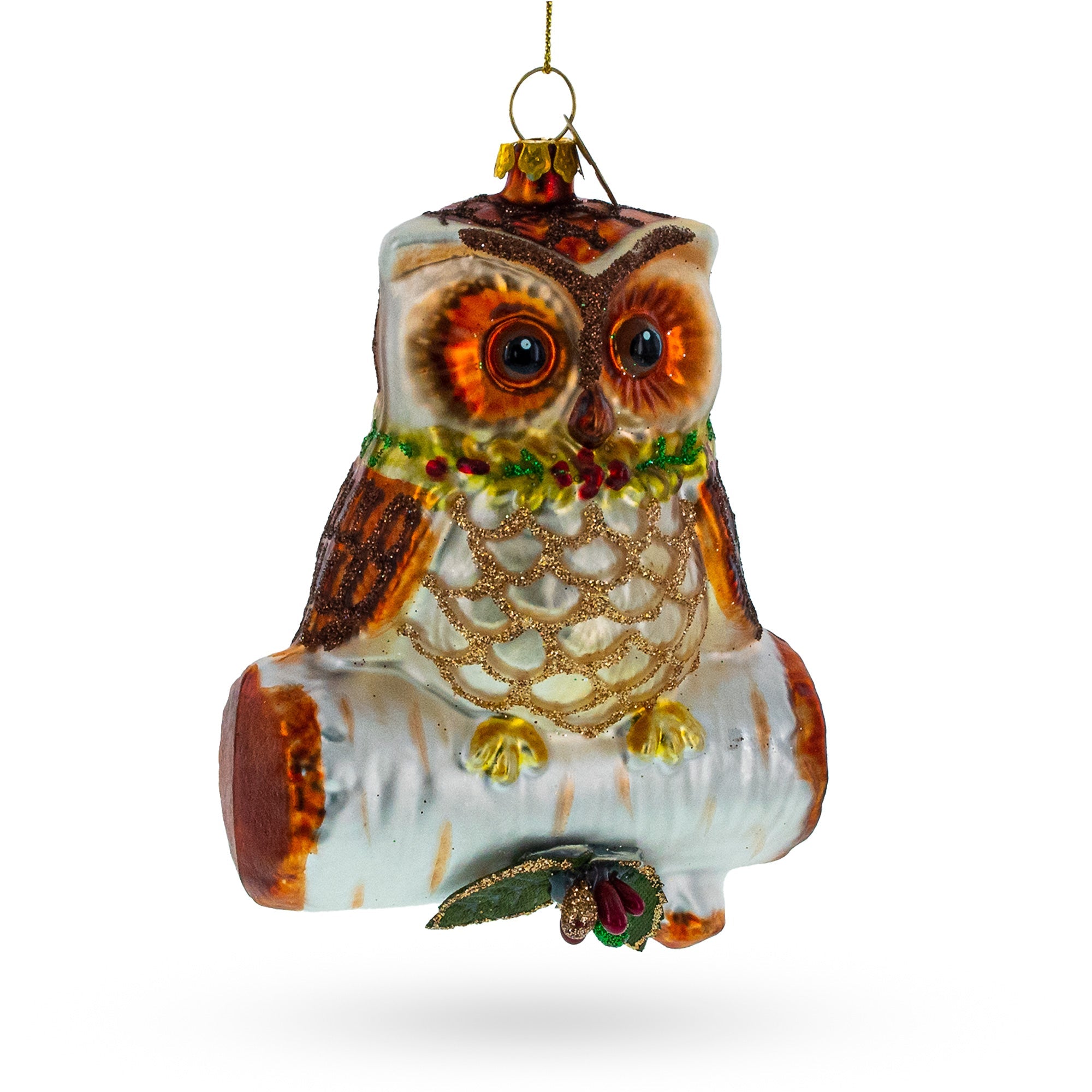 Wise Owl Perched On Branch - Blown Glass Christmas Ornament