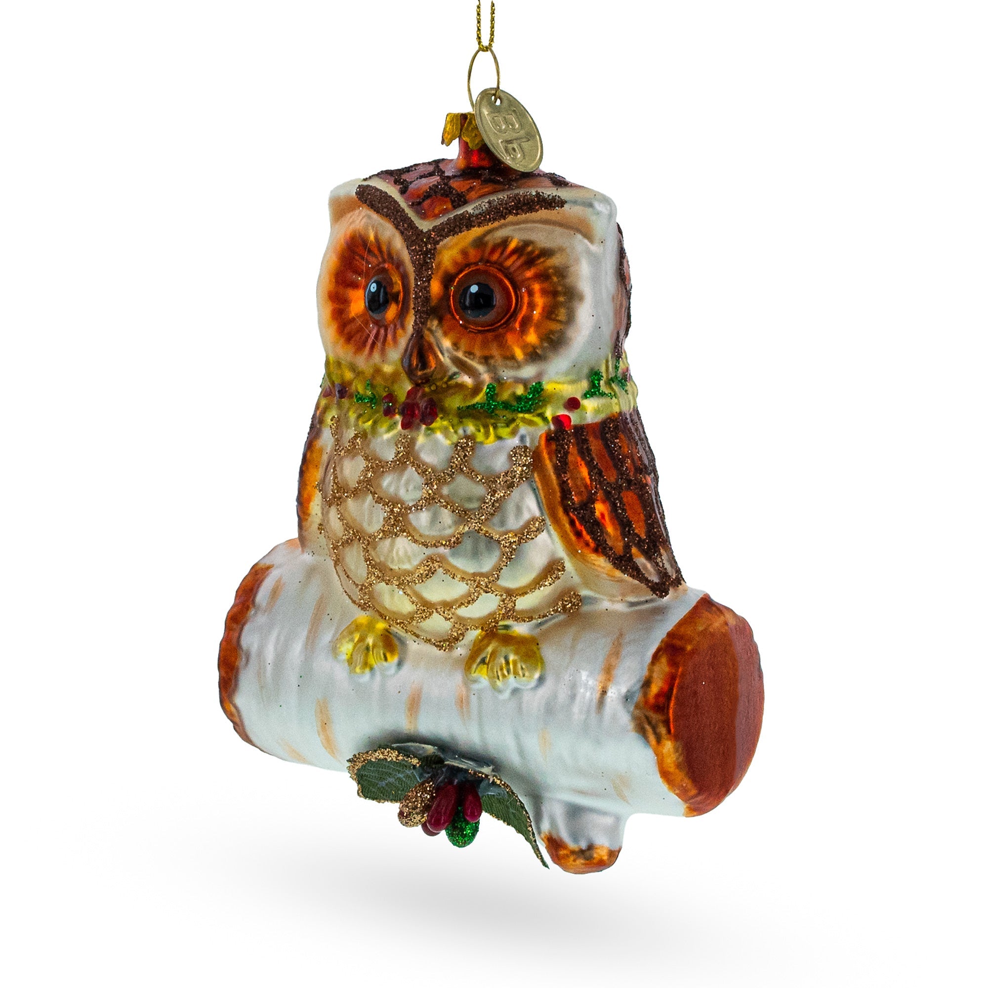 Wise Owl Perched On Branch - Blown Glass Christmas Ornament