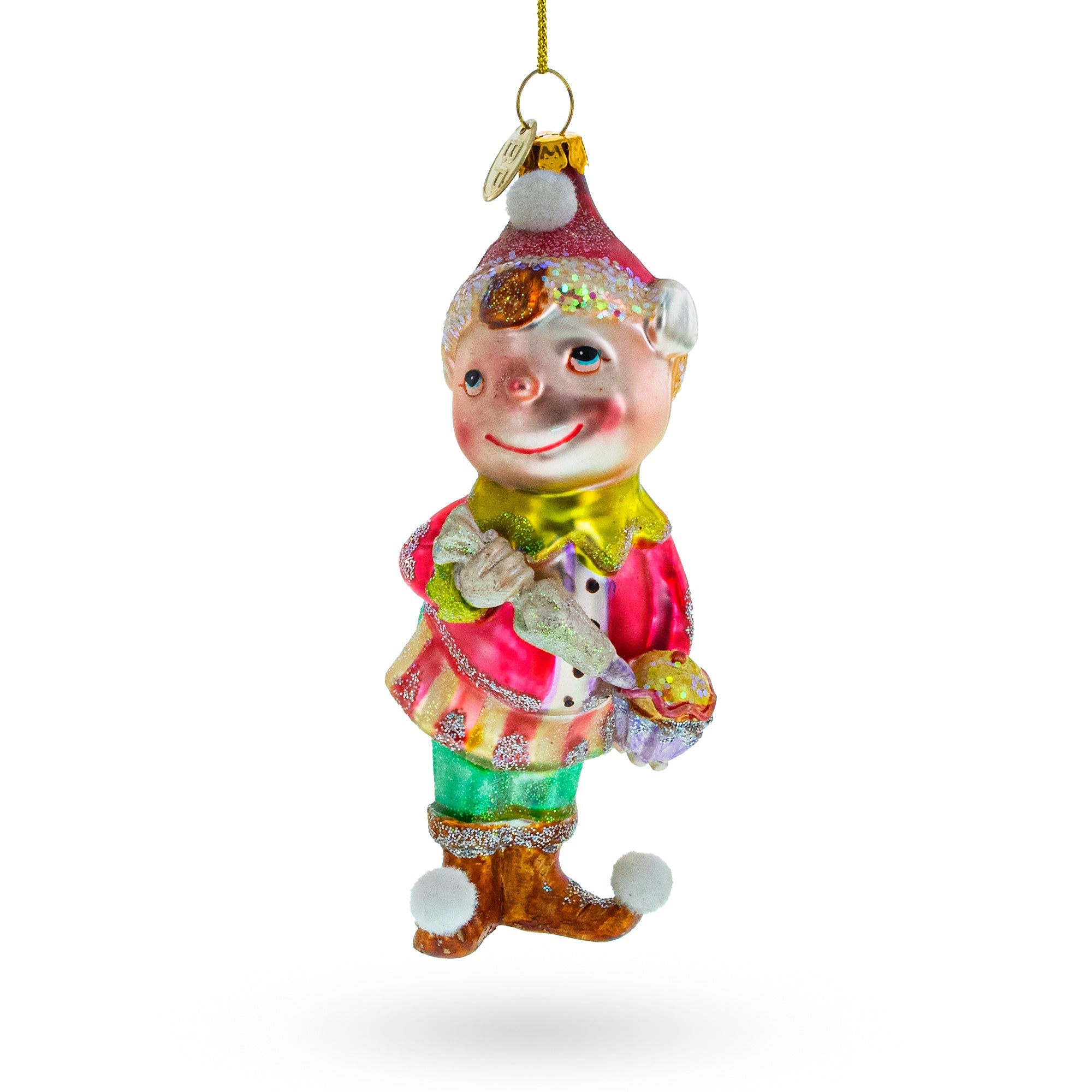 Whimsical Elf Decorating Cupcake - Blown Glass Christmas Ornament