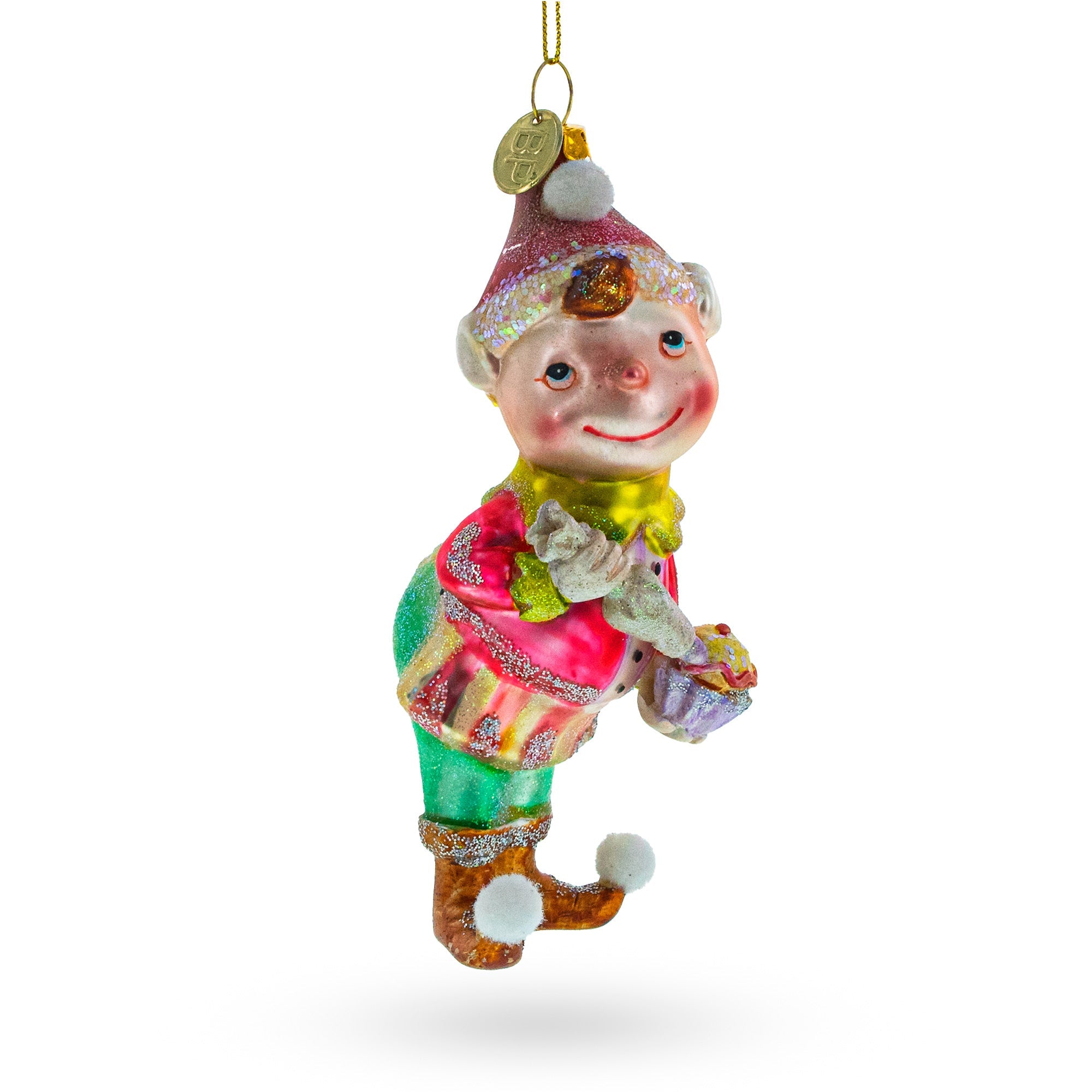 Whimsical Elf Decorating Cupcake - Blown Glass Christmas Ornament