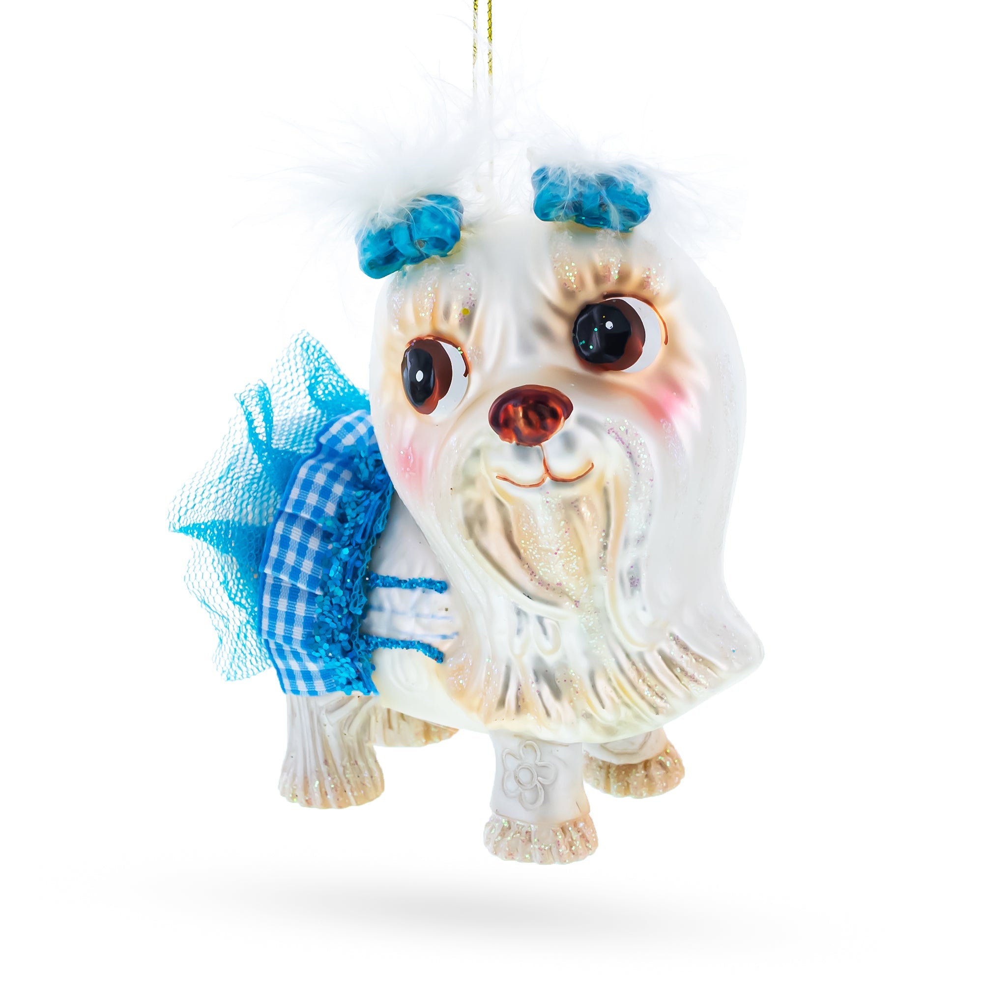 Charming Yorkshire Terrier In Blue Outfit - Blown Glass Christmas Ornament