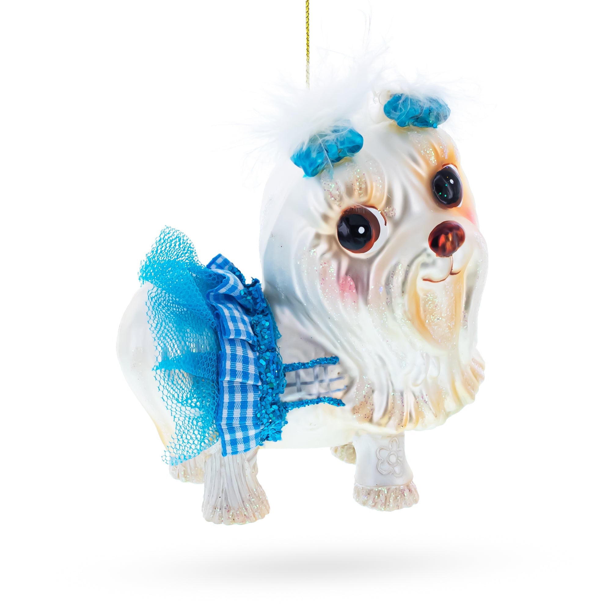 Charming Yorkshire Terrier In Blue Outfit - Blown Glass Christmas Ornament