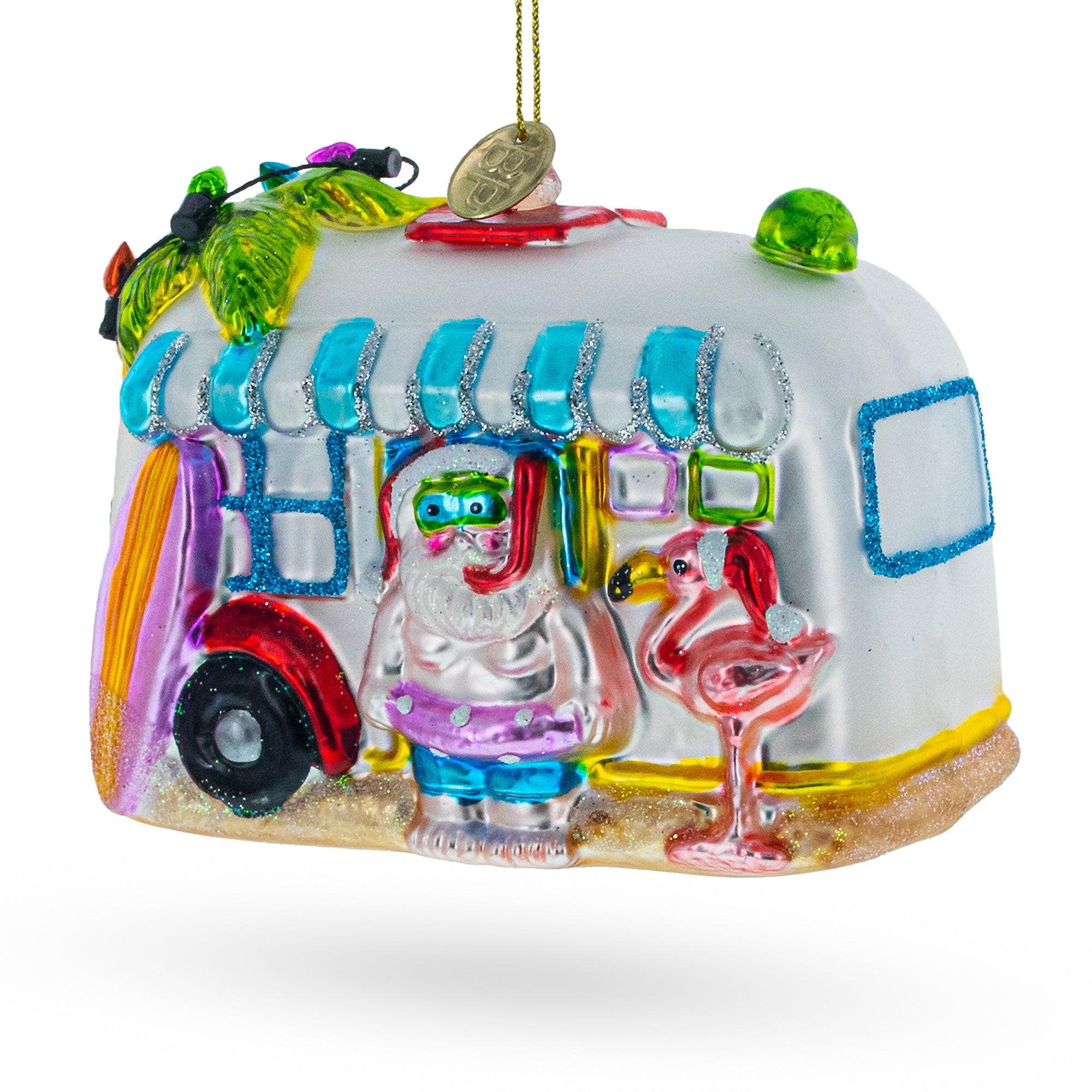 Santa's Beach Adventure: Snorkeling Santa In Camper - Blown Glass Christmas Ornament