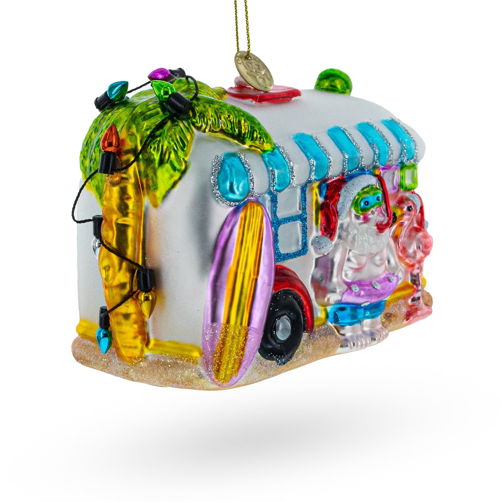 Santa's Beach Adventure: Snorkeling Santa In Camper - Blown Glass Christmas Ornament