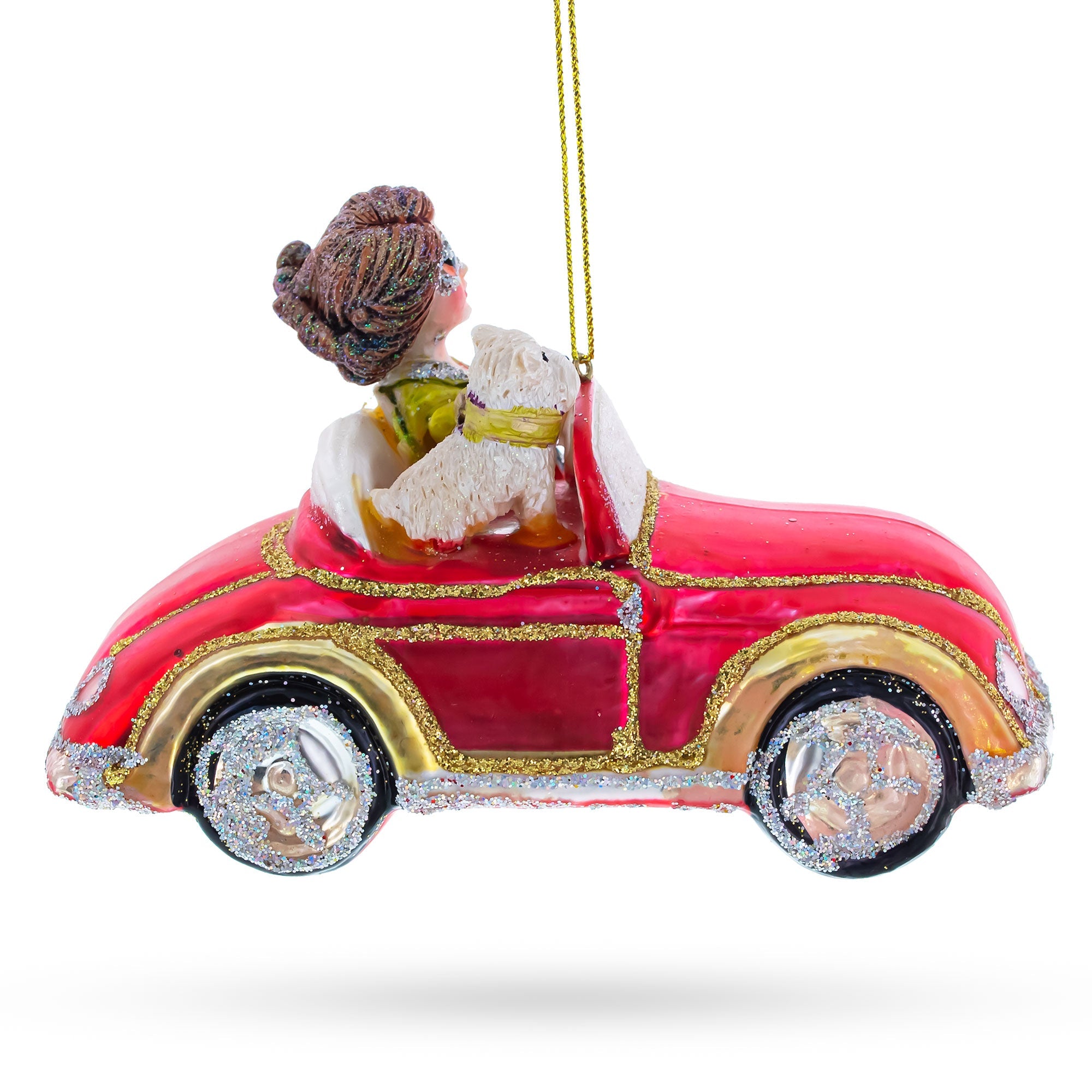 Stylish Woman Driving Pink Cabriolet - Blown Glass Christmas Ornament