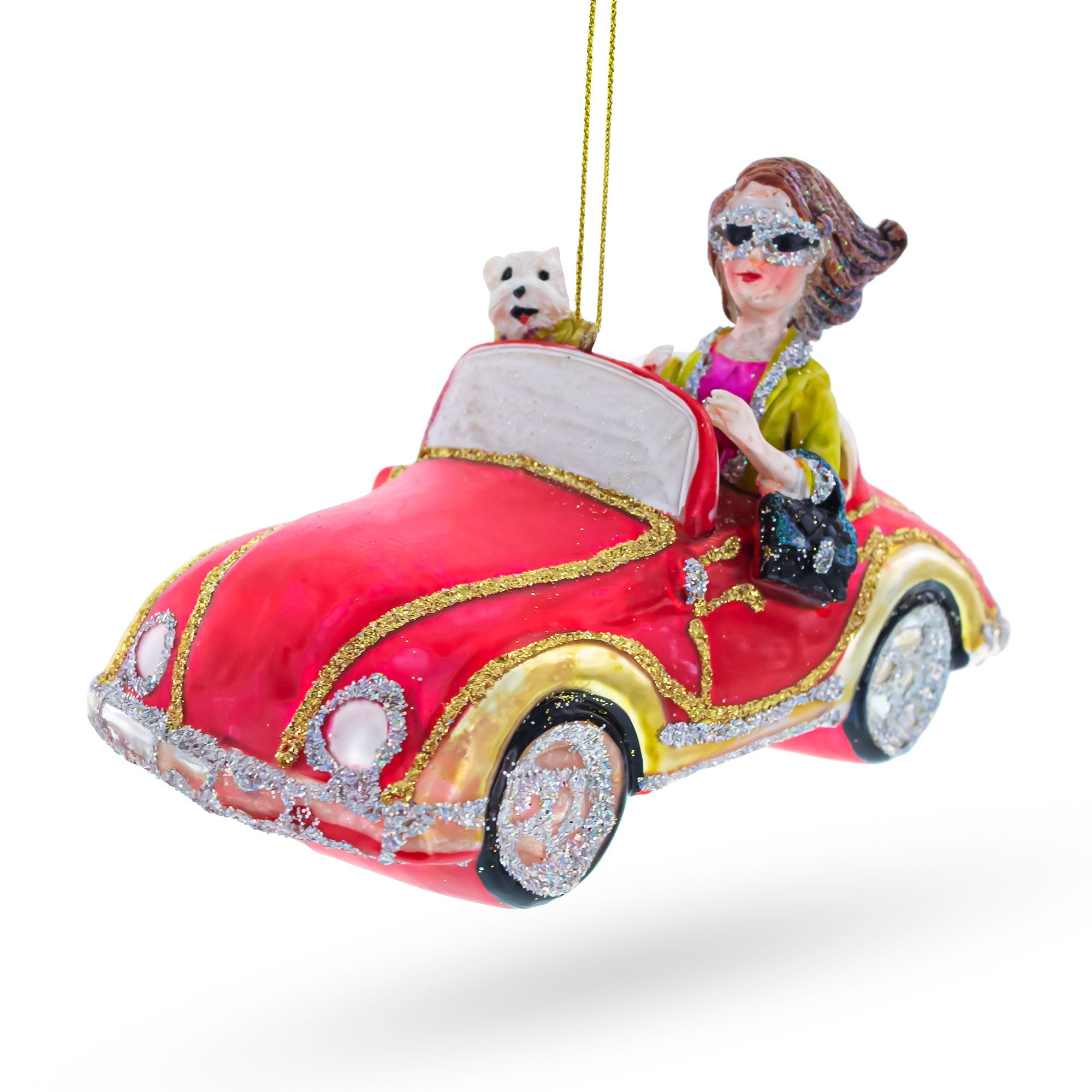 Stylish Woman Driving Pink Cabriolet - Blown Glass Christmas Ornament