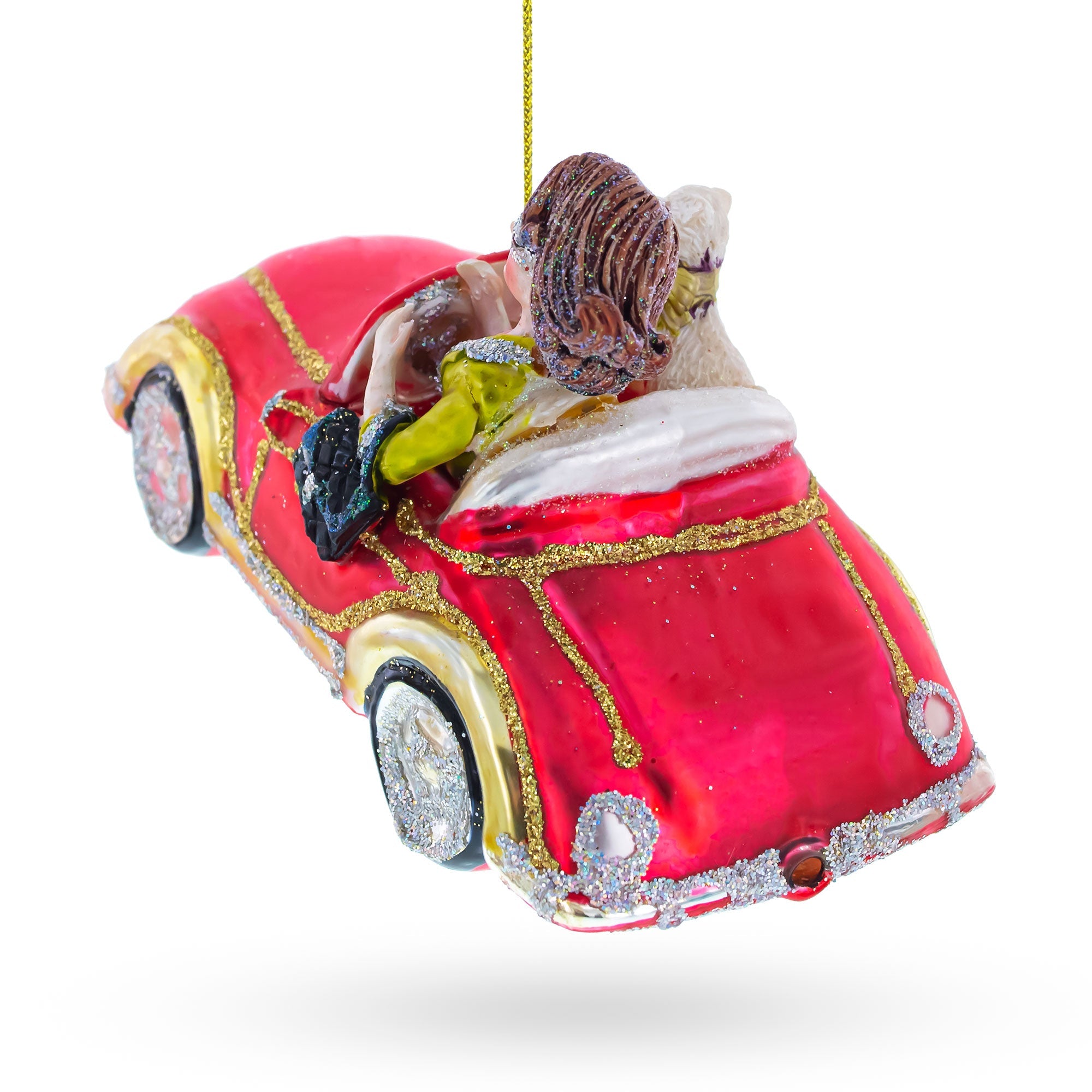 Stylish Woman Driving Pink Cabriolet - Blown Glass Christmas Ornament