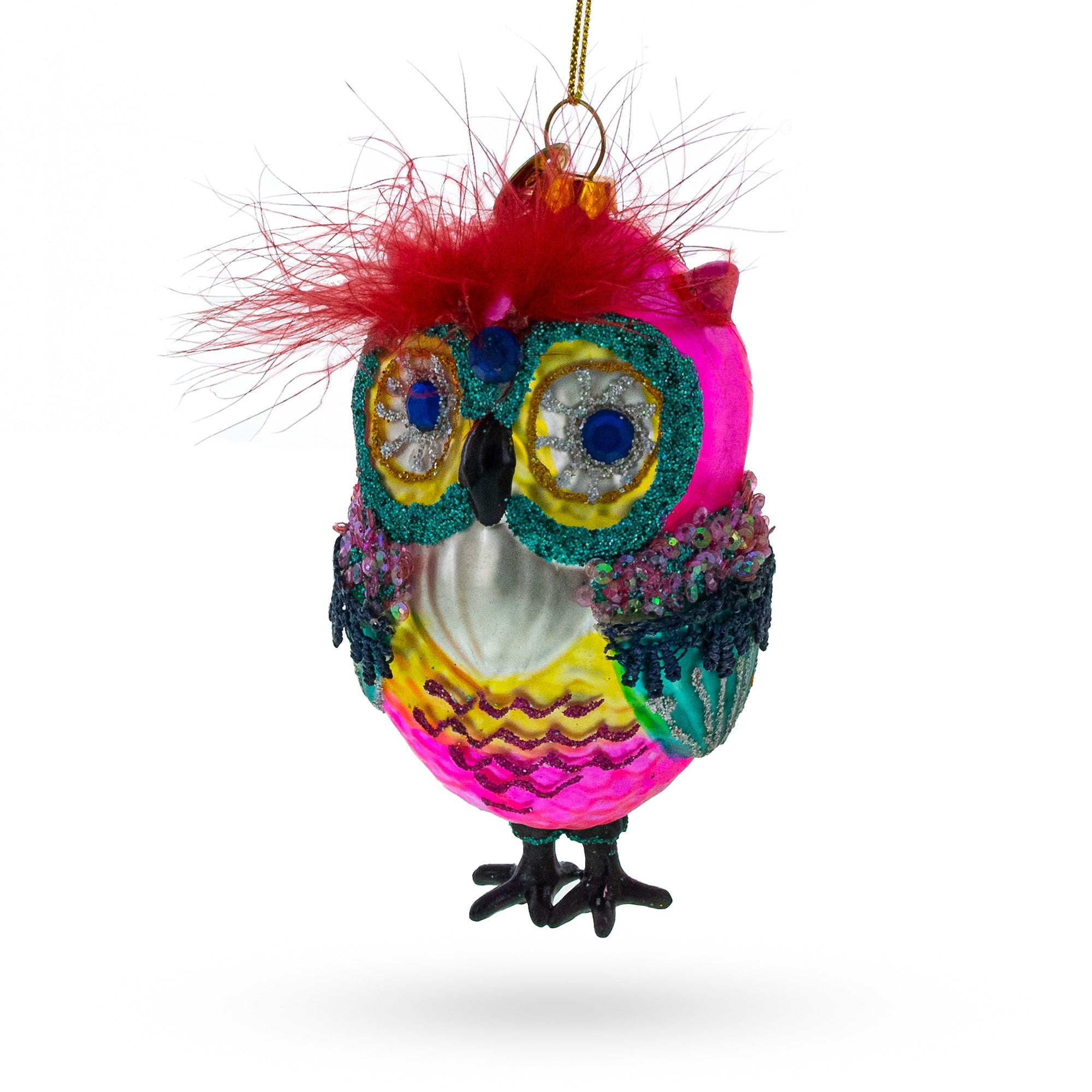 Vibrant Colorful Owl - Blown Glass Christmas Ornament