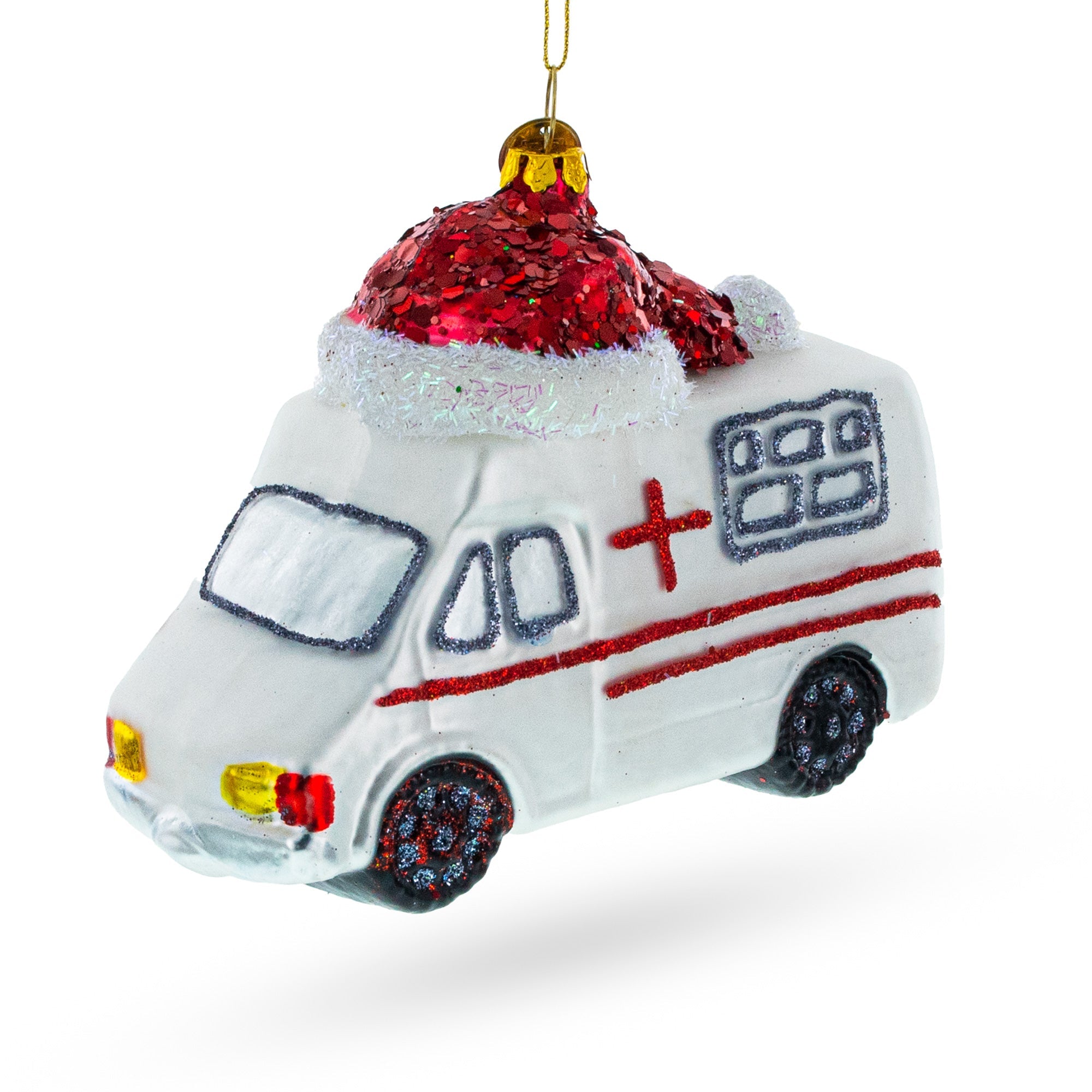 Festive Ambulance In A Santa Hat - Blown Glass Christmas Ornament