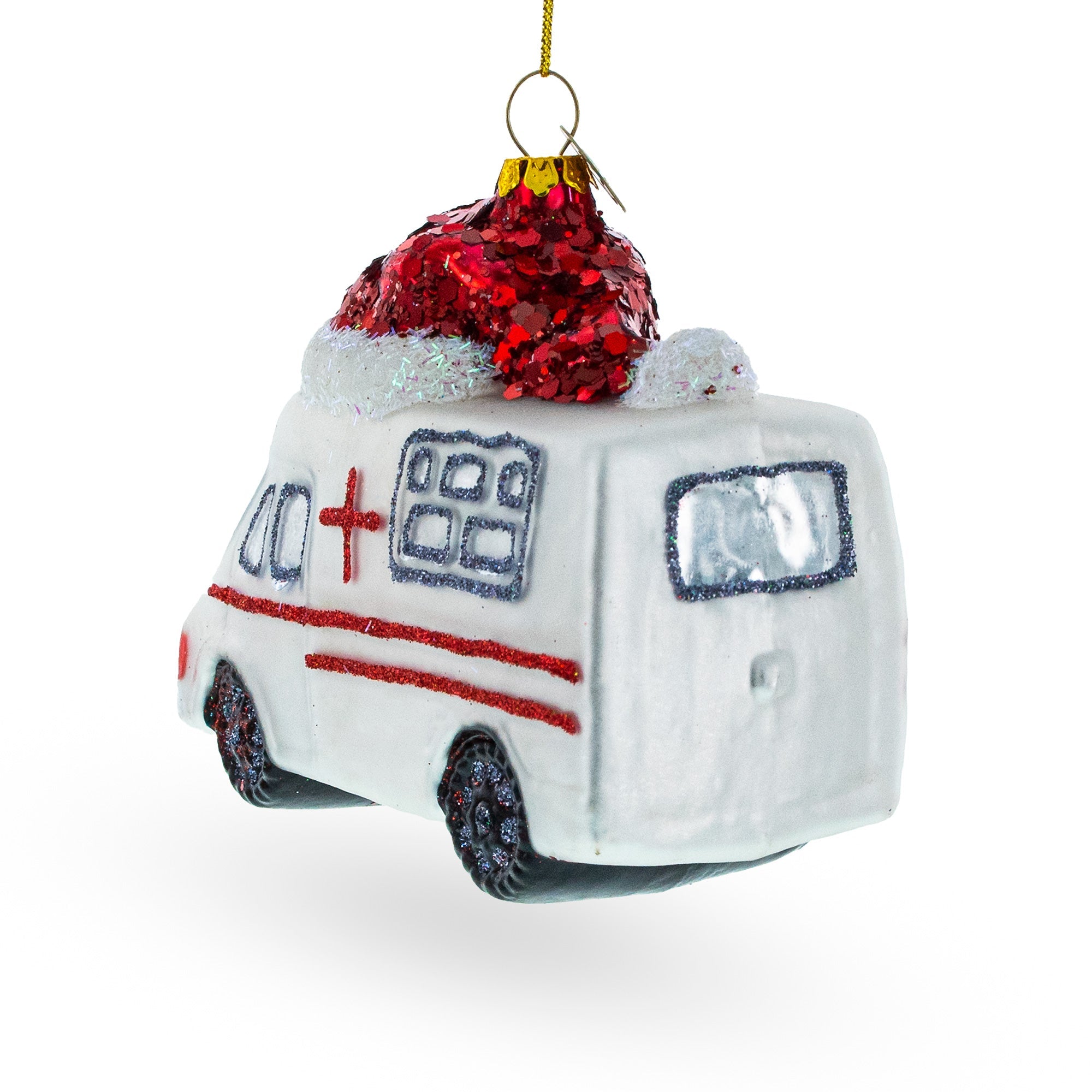 Festive Ambulance In A Santa Hat - Blown Glass Christmas Ornament