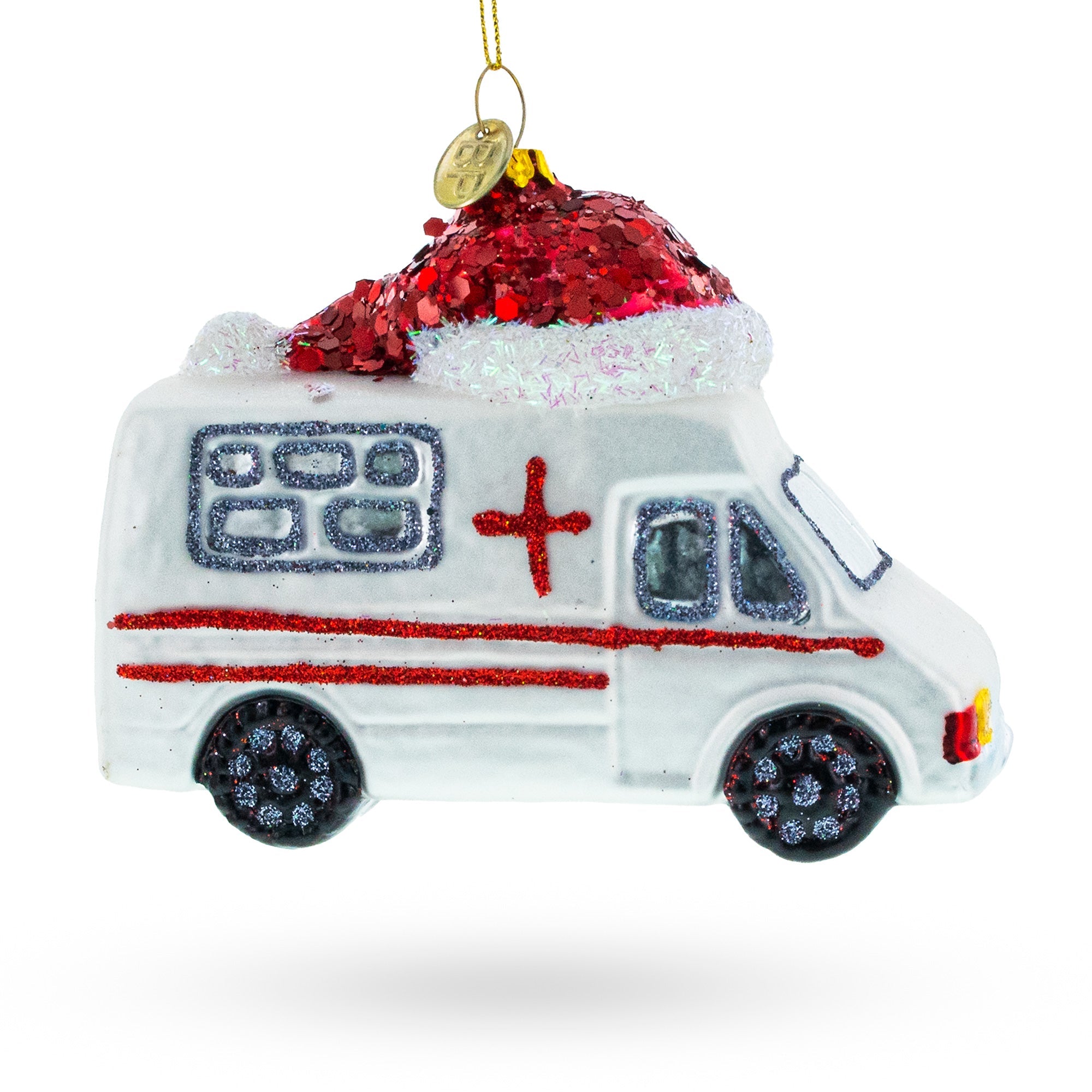 Festive Ambulance In A Santa Hat - Blown Glass Christmas Ornament