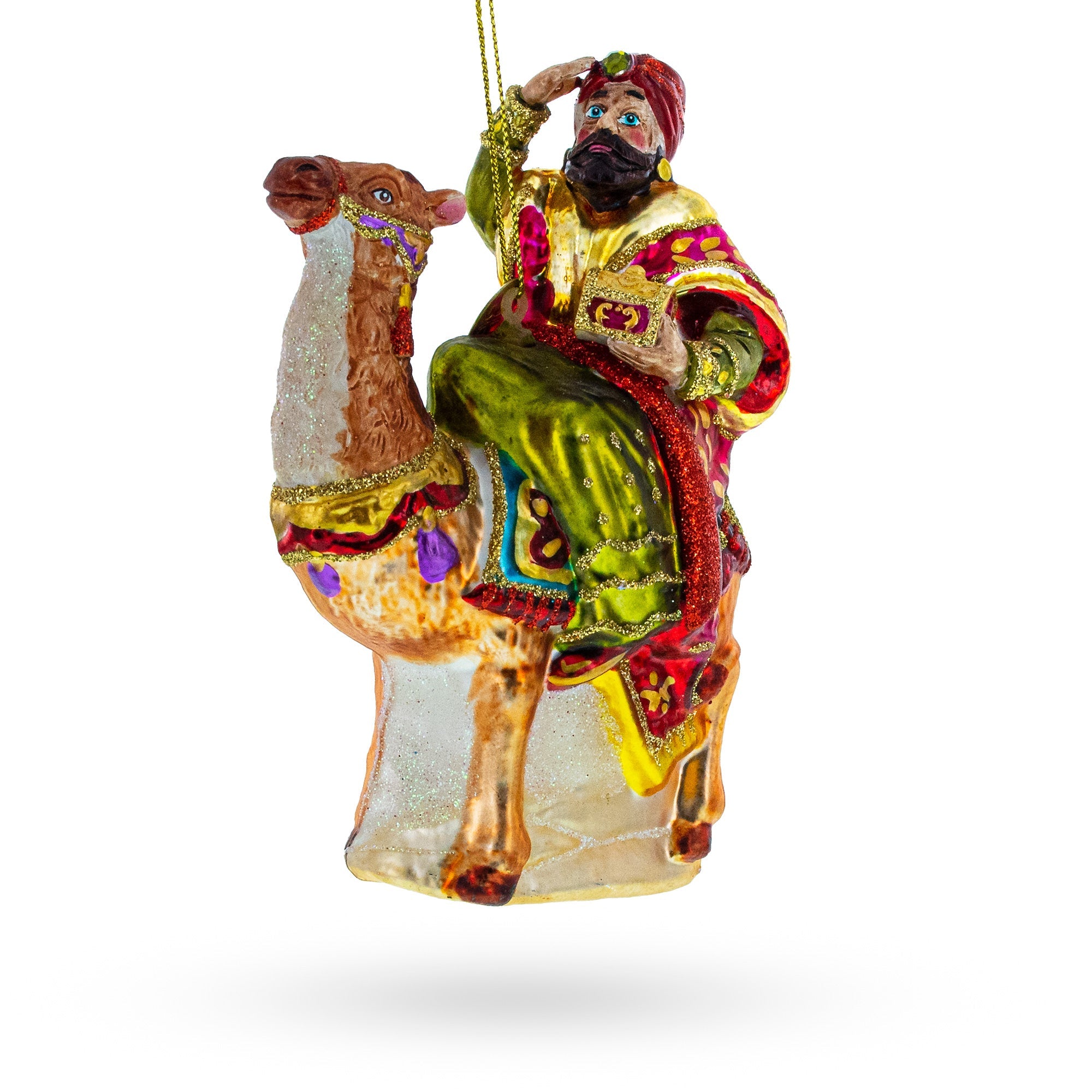 Majestic Wiseman With Gifts On Camel - Blown Glass Christmas Ornament