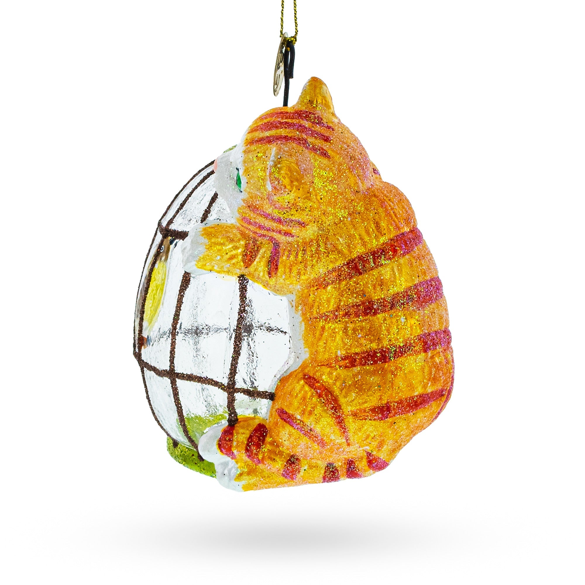 Whimsical Cat With A Bird Cage - Blown Glass Christmas Ornament