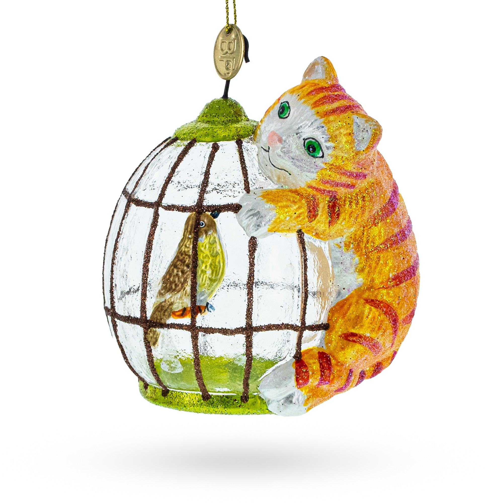 Whimsical Cat With A Bird Cage - Blown Glass Christmas Ornament