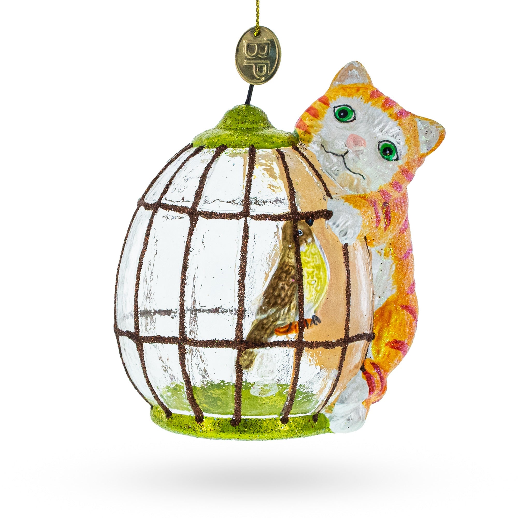 Whimsical Cat With A Bird Cage - Blown Glass Christmas Ornament