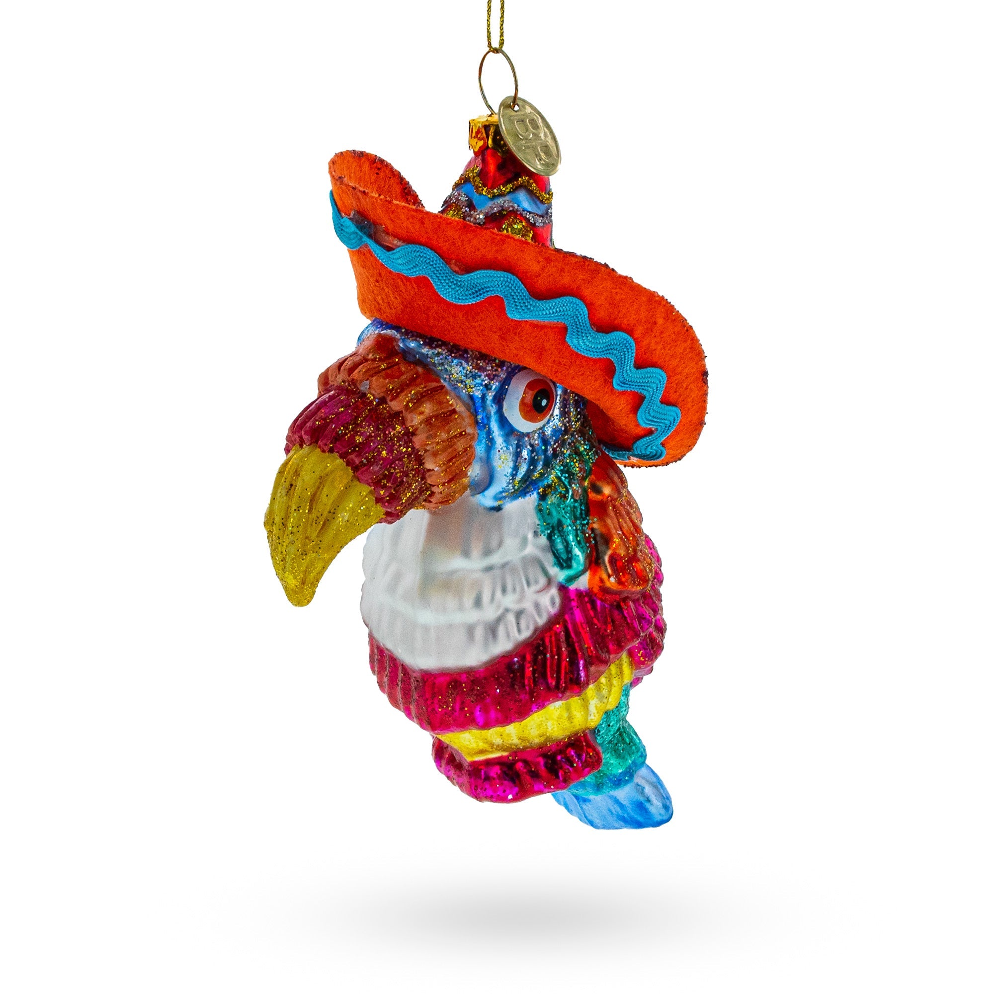 Tropical Toucan In A Sombrero Hat - Blown Glass Christmas Ornament