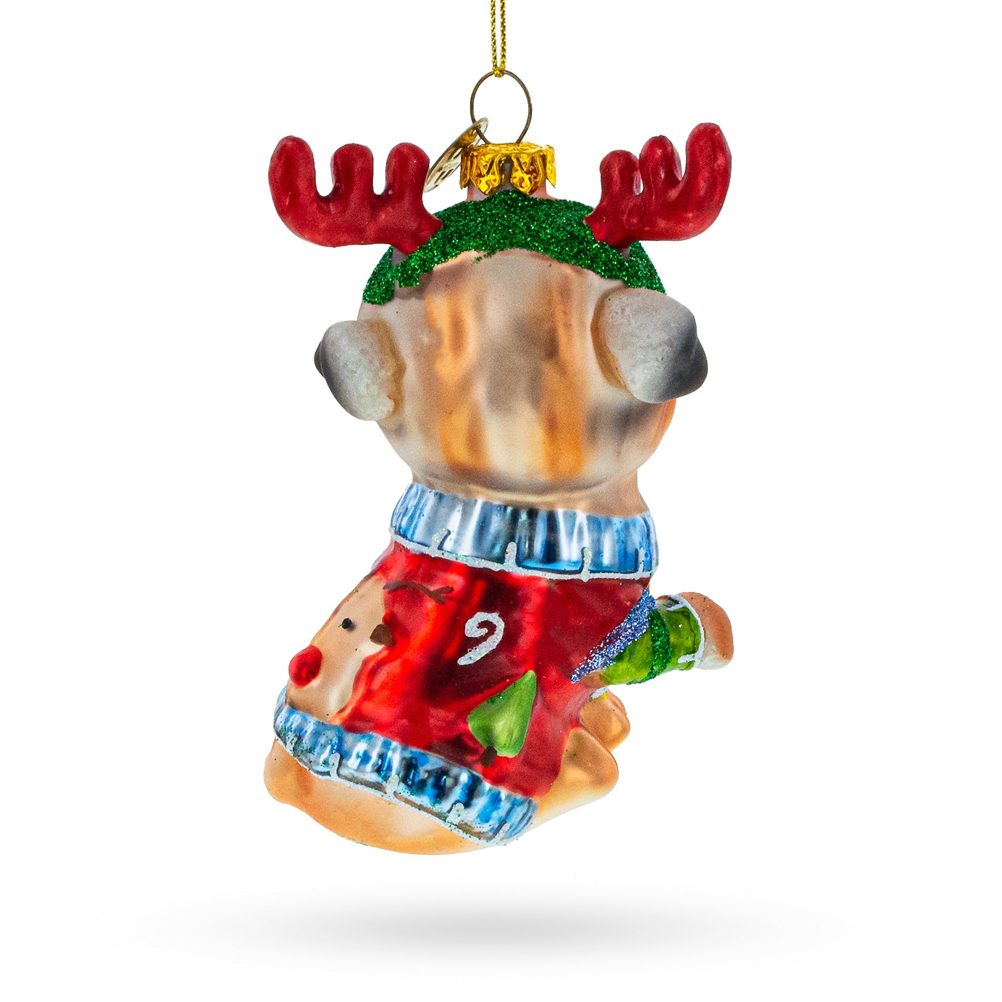 Pug Wearing Reindeer Antlers - Blown Glass Christmas Ornament