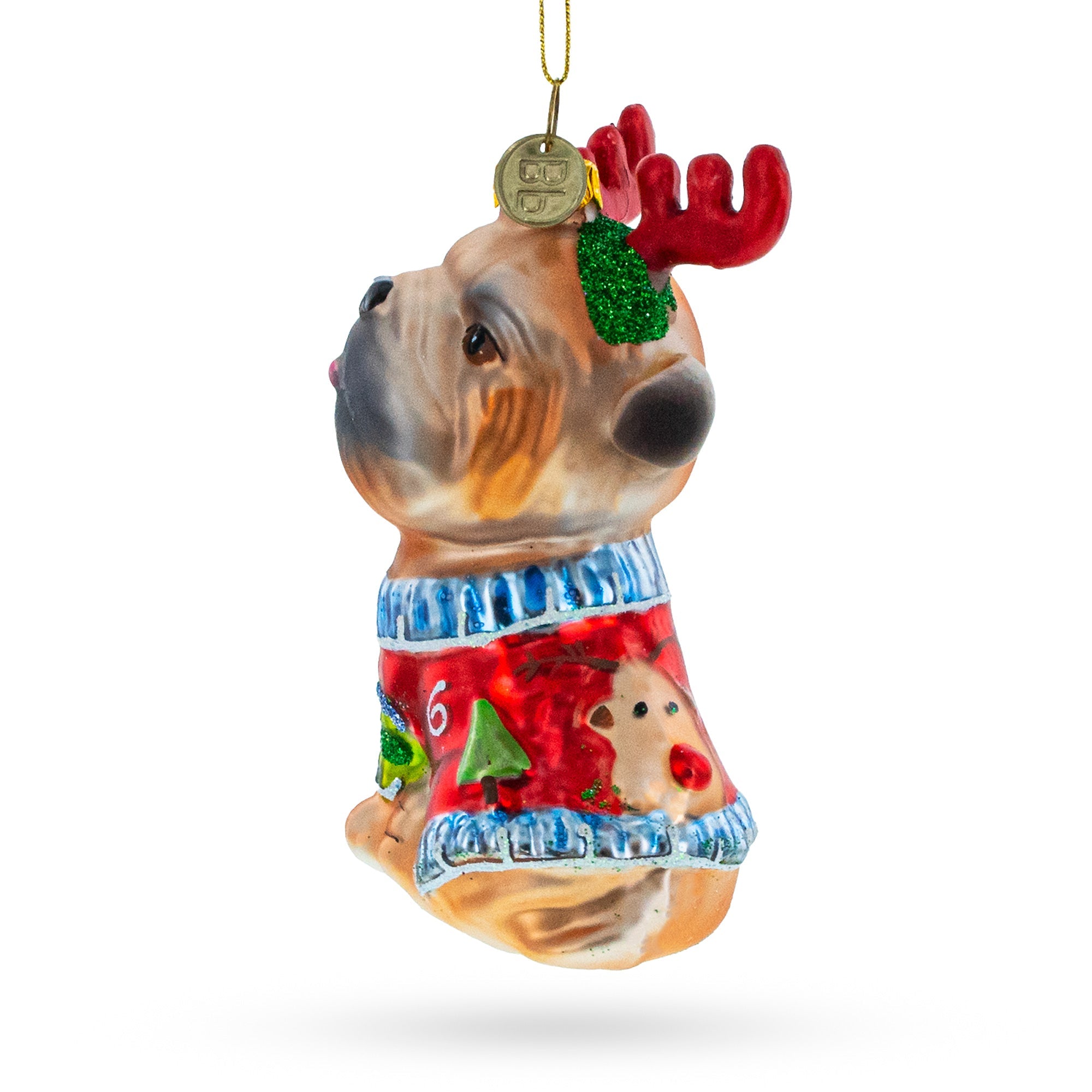 Pug Wearing Reindeer Antlers - Blown Glass Christmas Ornament