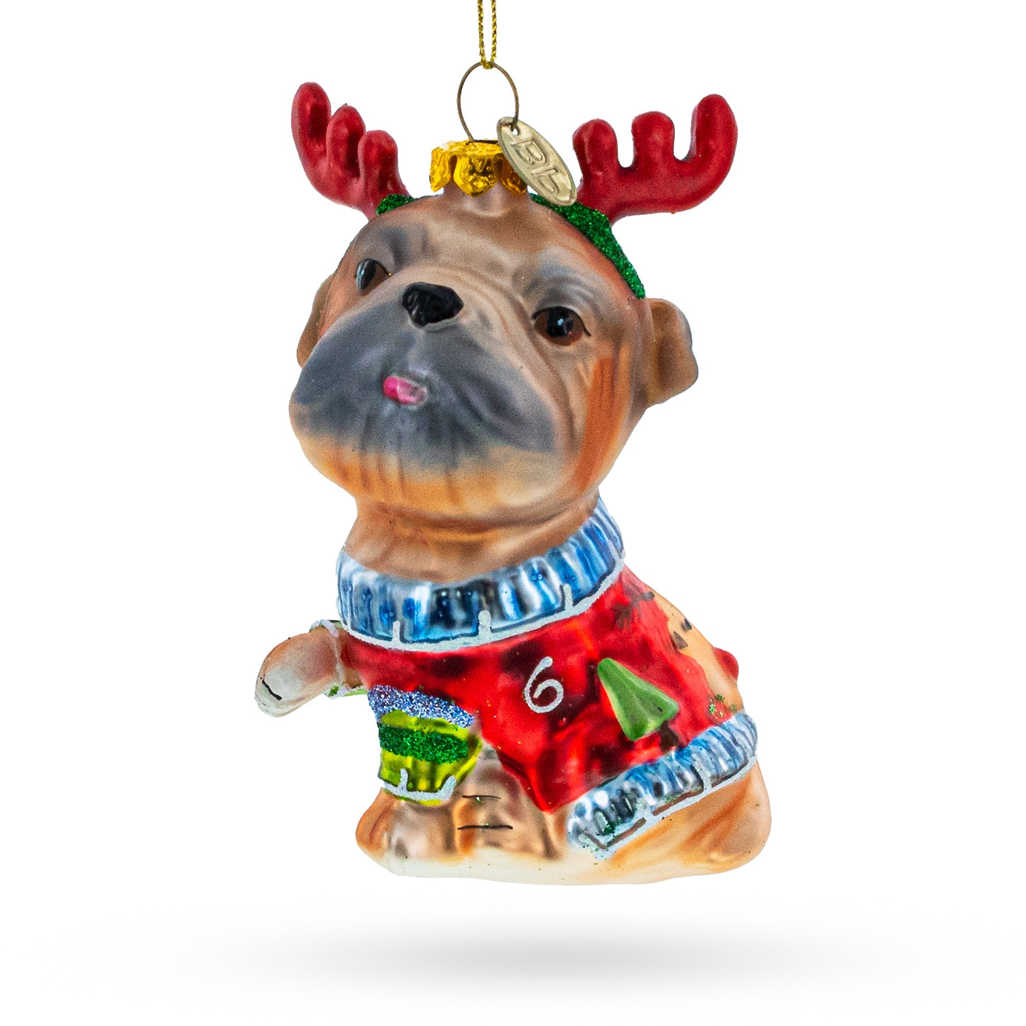 Pug Wearing Reindeer Antlers - Blown Glass Christmas Ornament