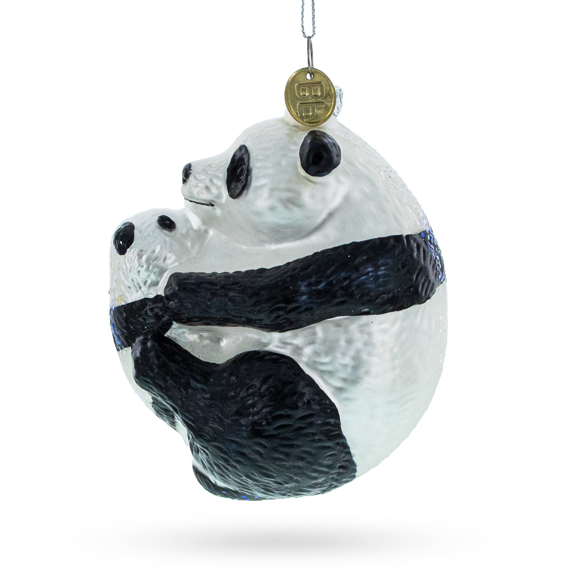 Mother And Baby Panda Embrace - Blown Glass Christmas Ornament