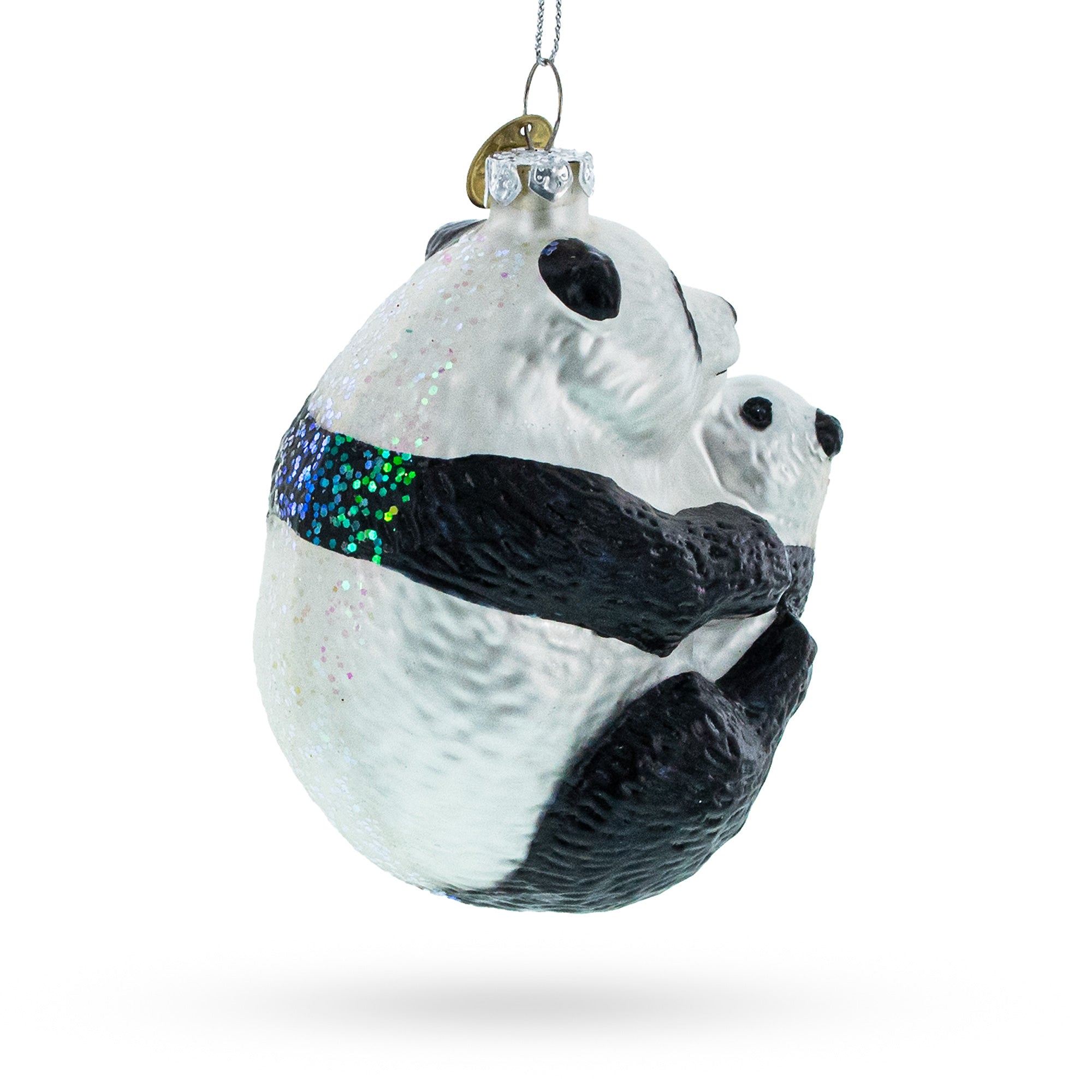 Mother And Baby Panda Embrace - Blown Glass Christmas Ornament