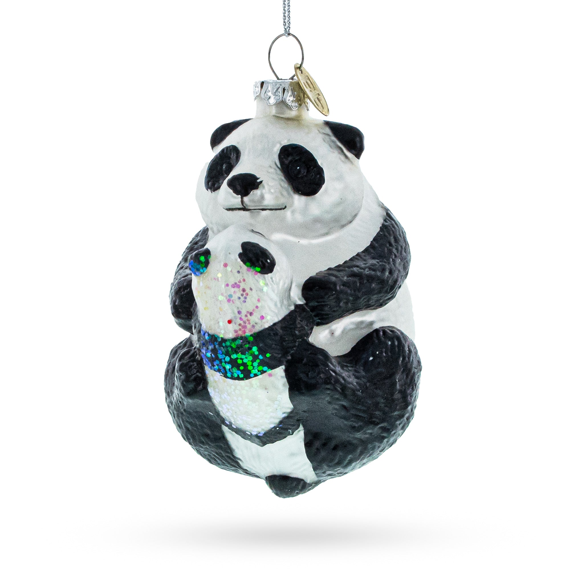 Mother And Baby Panda Embrace - Blown Glass Christmas Ornament