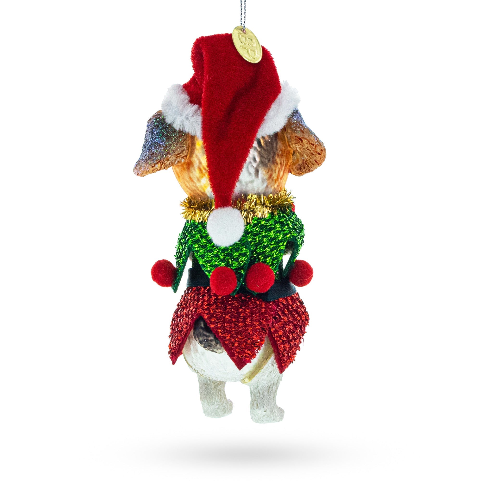 Dog In Elf Costume - Blown Glass Christmas Ornament